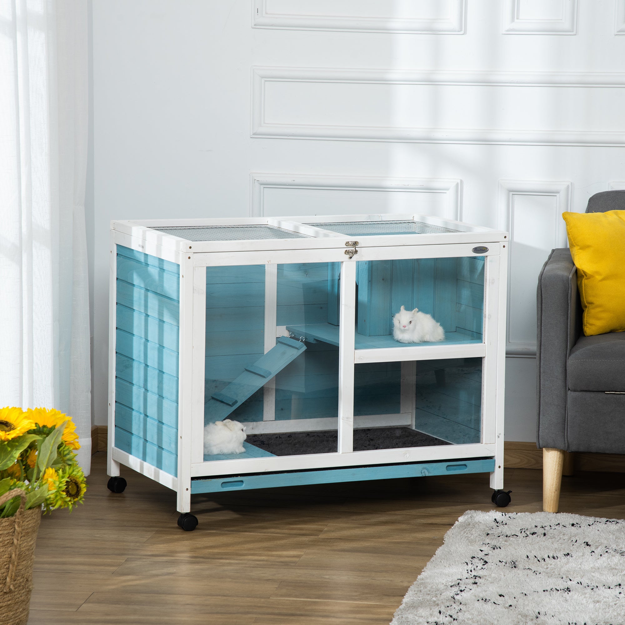 PawHut Indoor Rabbit Hutch with Wheels, Bunny Cage Guinea Pig House Small Animals Habitat W/ Top Access, Ramp, Pull Out Tray, Blue