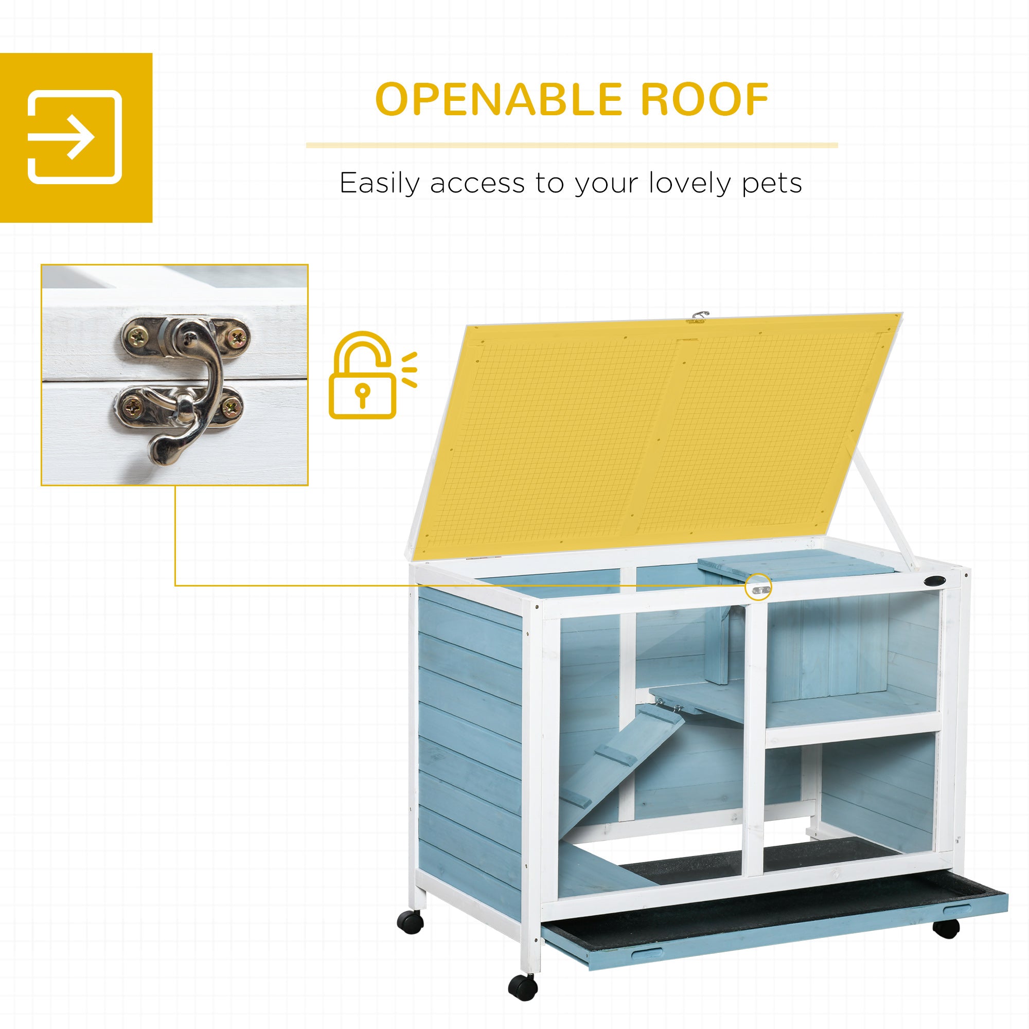 PawHut Indoor Rabbit Hutch with Wheels, Bunny Cage Guinea Pig House Small Animals Habitat W/ Top Access, Ramp, Pull Out Tray, Blue