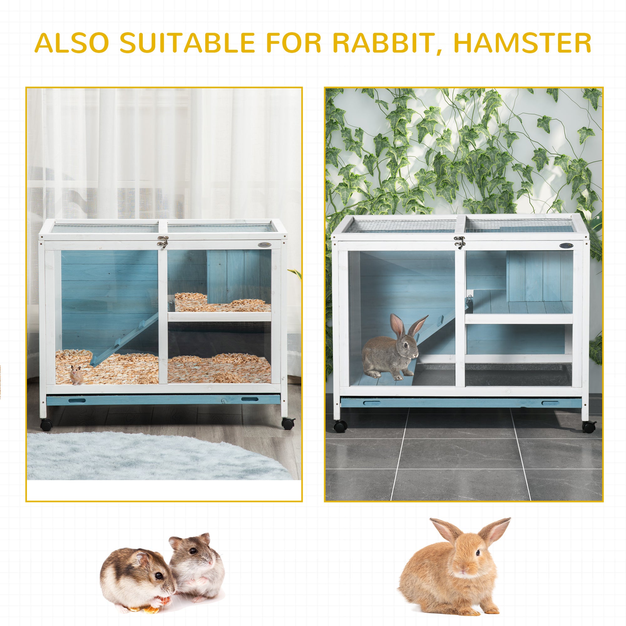 PawHut Indoor Rabbit Hutch with Wheels, Bunny Cage Guinea Pig House Small Animals Habitat W/ Top Access, Ramp, Pull Out Tray, Blue