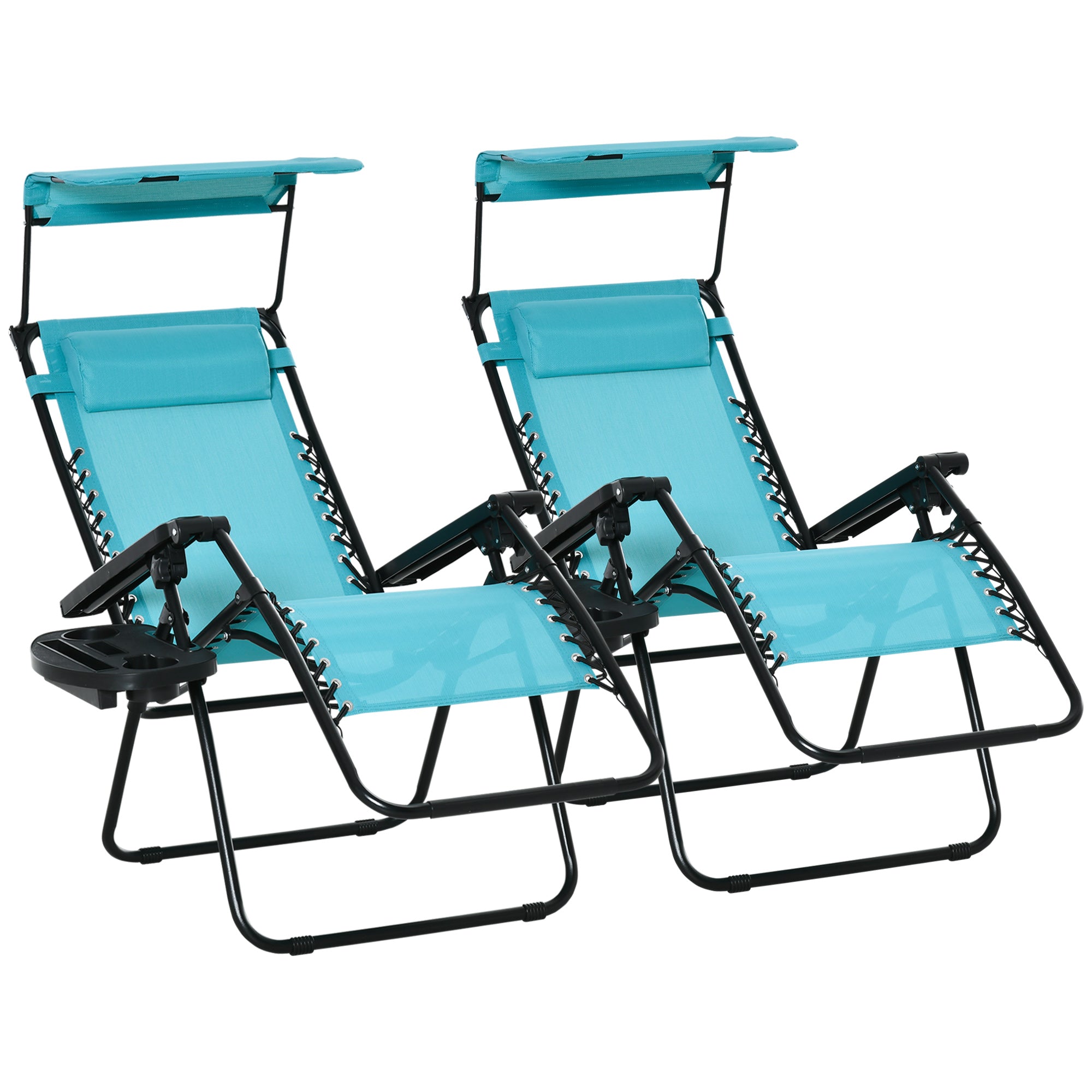 Outsunny 2 Piece Foldable Lounge Chair with Canopy Shade, Outdoor Zero Gravity Chair with Side Tray & Cup Holder, Reclining Lounger with Breathable Mesh Fabric Seat, Pillow, Sky Blue
