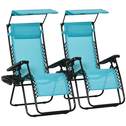 Outsunny 2 Piece Foldable Lounge Chair with Canopy Shade, Outdoor Zero Gravity Chair with Side Tray & Cup Holder, Reclining Lounger with Breathable Mesh Fabric Seat, Pillow, Sky Blue