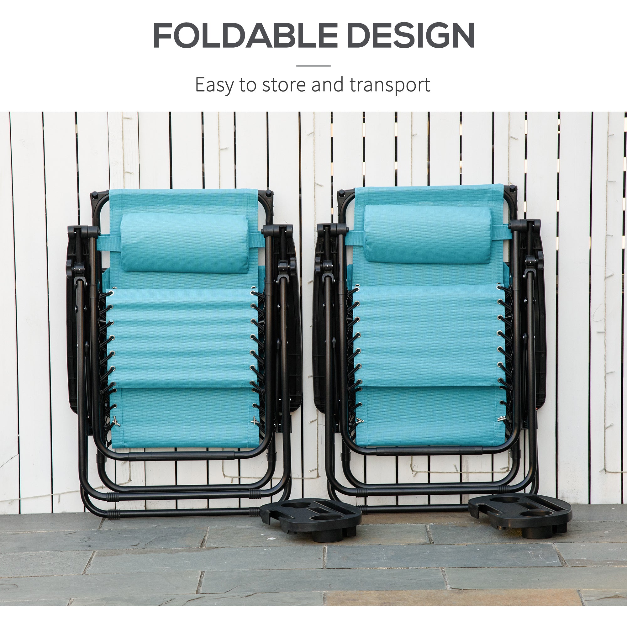 Outsunny 2 Piece Foldable Lounge Chair with Canopy Shade, Outdoor Zero Gravity Chair with Side Tray & Cup Holder, Reclining Lounger with Breathable Mesh Fabric Seat, Pillow, Sky Blue