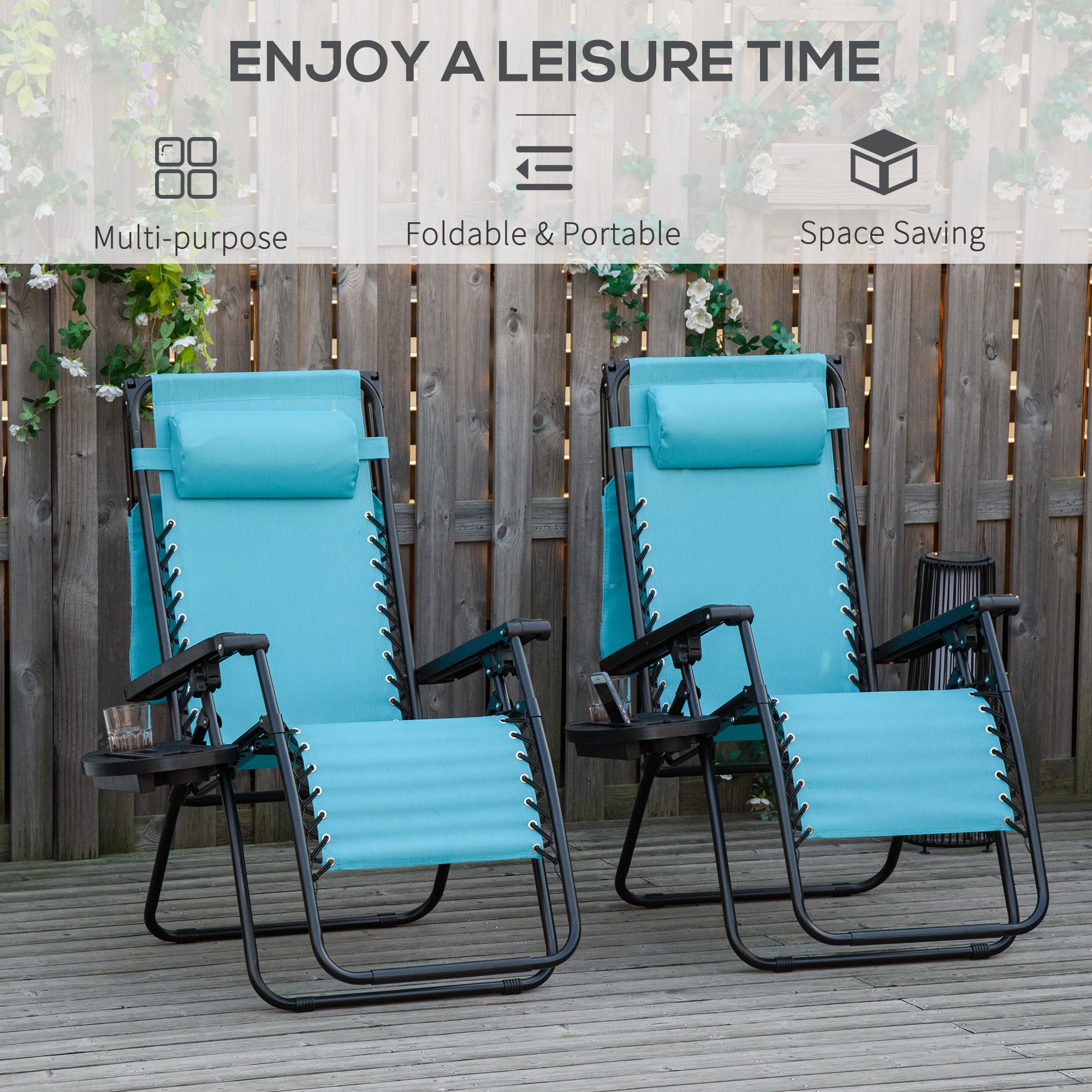 Outsunny 2 Piece Foldable Lounge Chair with Canopy Shade, Outdoor Zero Gravity Chair with Side Tray & Cup Holder, Reclining Lounger with Breathable Mesh Fabric Seat, Pillow, Sky Blue
