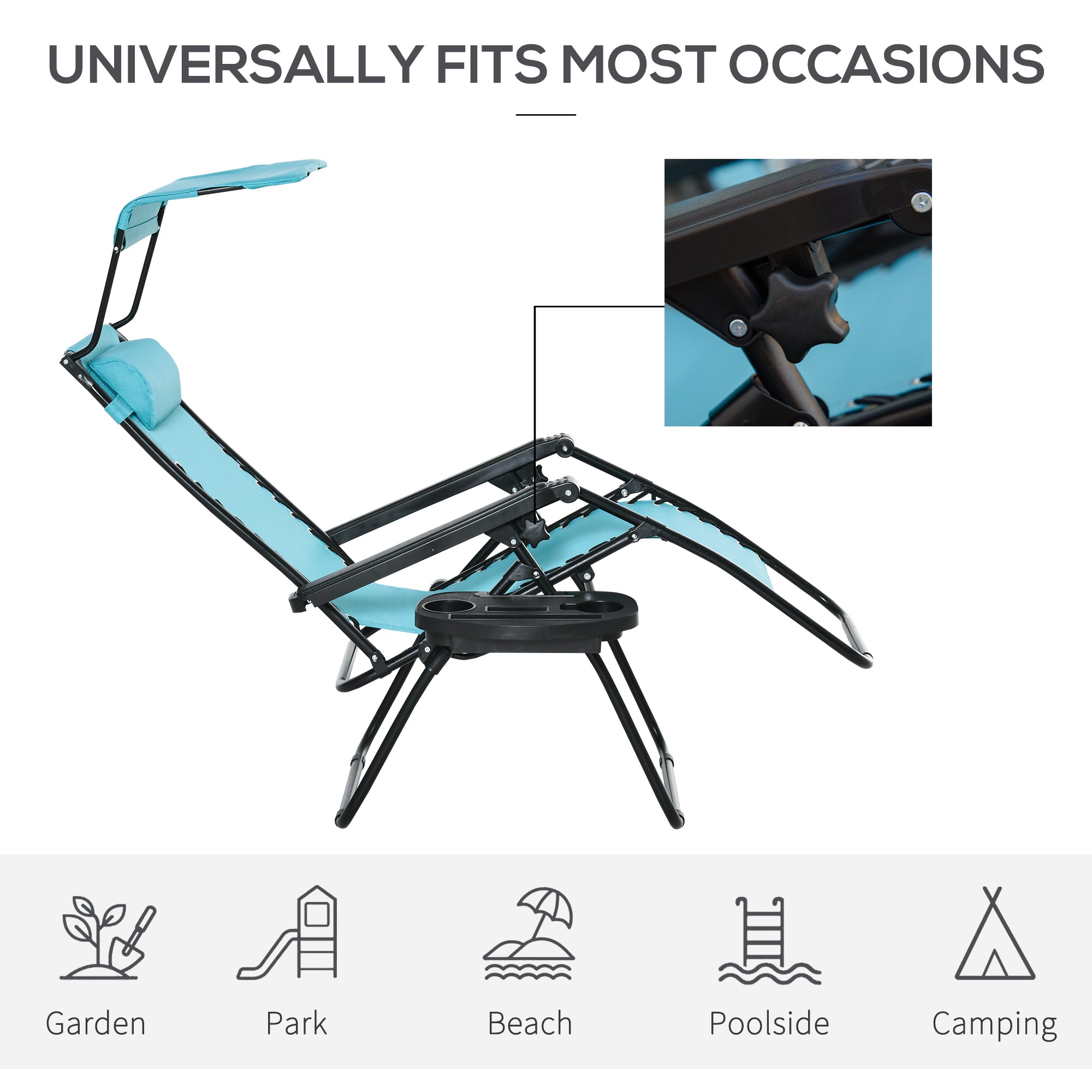 Outsunny 2 Piece Foldable Lounge Chair with Canopy Shade, Outdoor Zero Gravity Chair with Side Tray & Cup Holder, Reclining Lounger with Breathable Mesh Fabric Seat, Pillow, Sky Blue