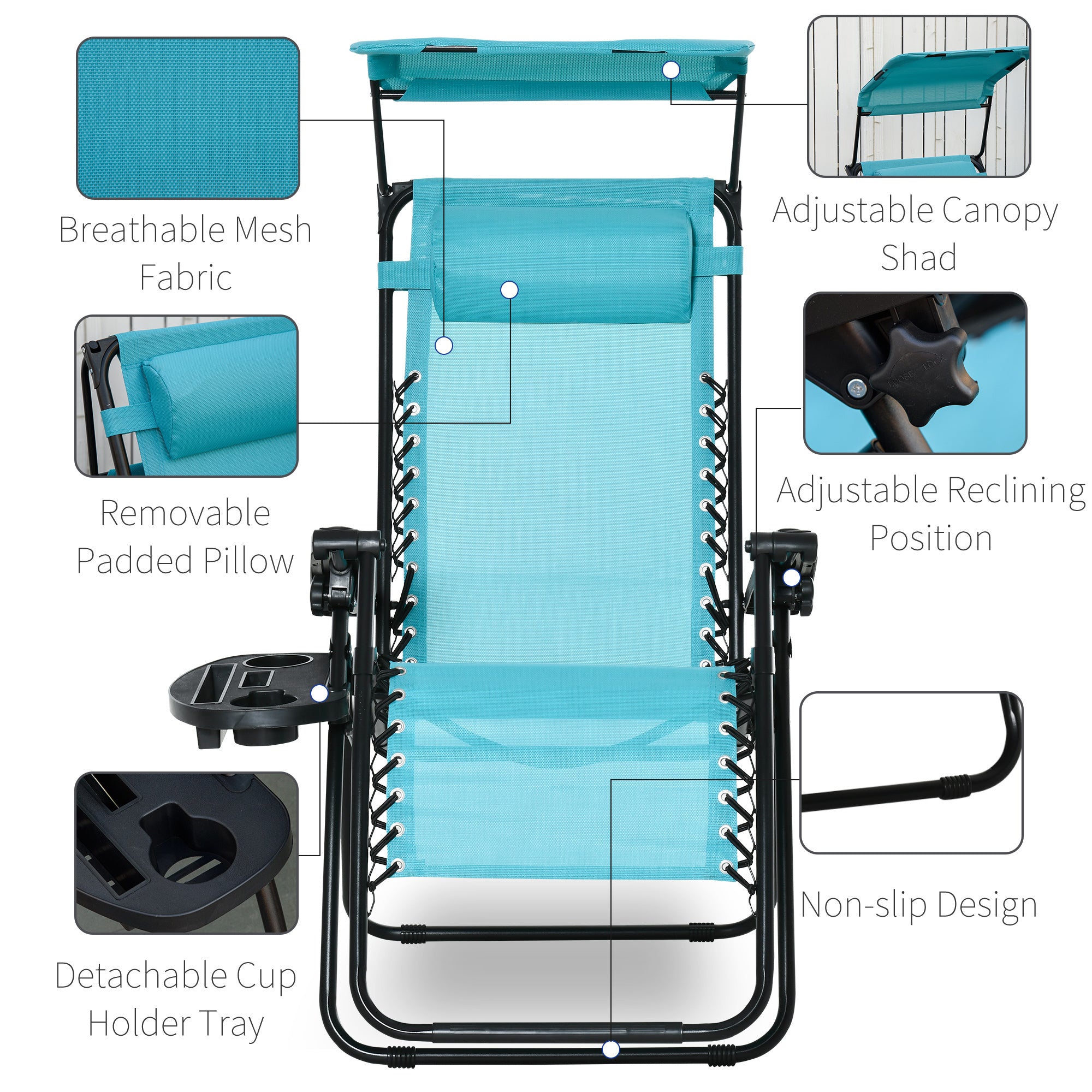Outsunny 2 Piece Foldable Lounge Chair with Canopy Shade, Outdoor Zero Gravity Chair with Side Tray & Cup Holder, Reclining Lounger with Breathable Mesh Fabric Seat, Pillow, Sky Blue