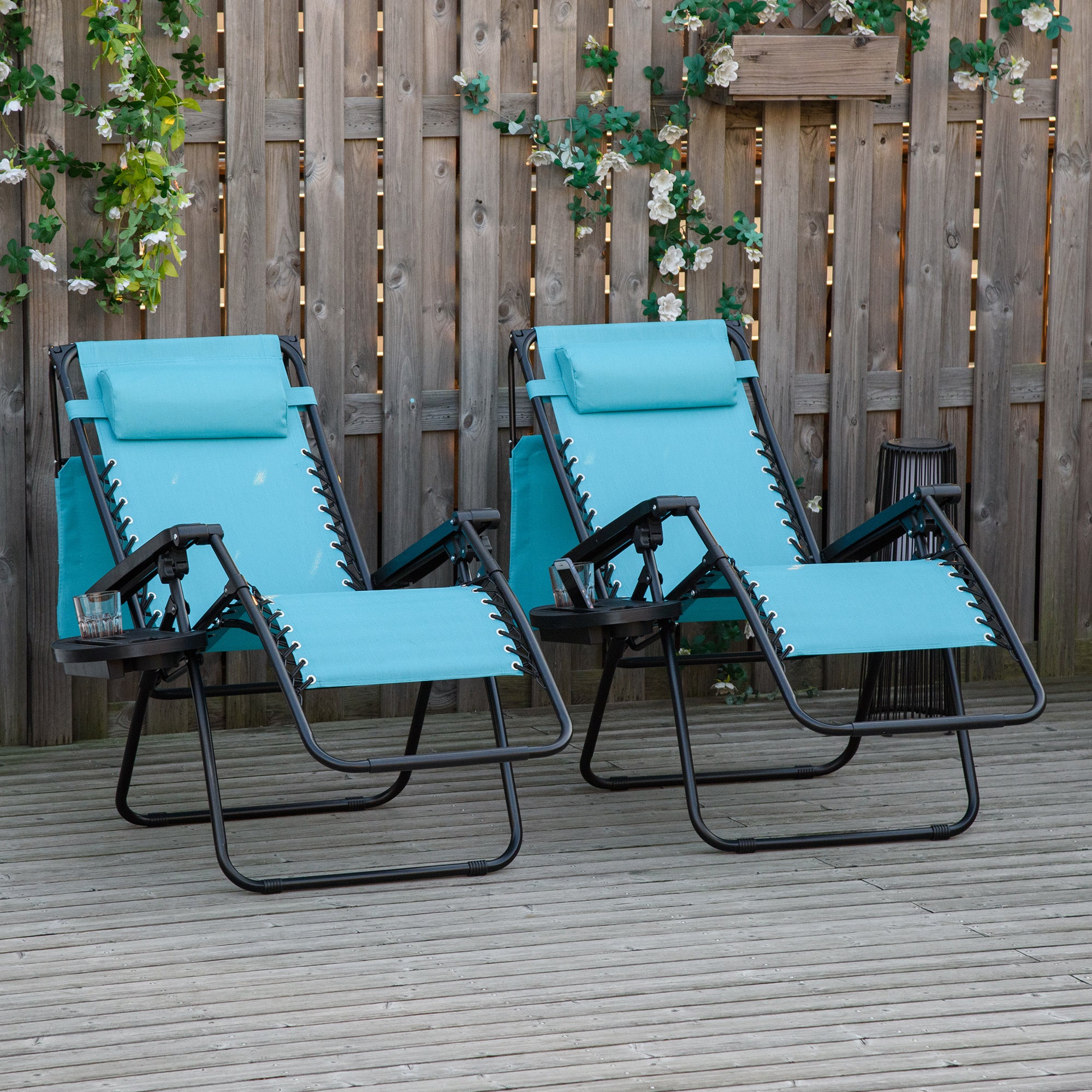 Outsunny 2 Piece Foldable Lounge Chair with Canopy Shade, Outdoor Zero Gravity Chair with Side Tray & Cup Holder, Reclining Lounger with Breathable Mesh Fabric Seat, Pillow, Sky Blue