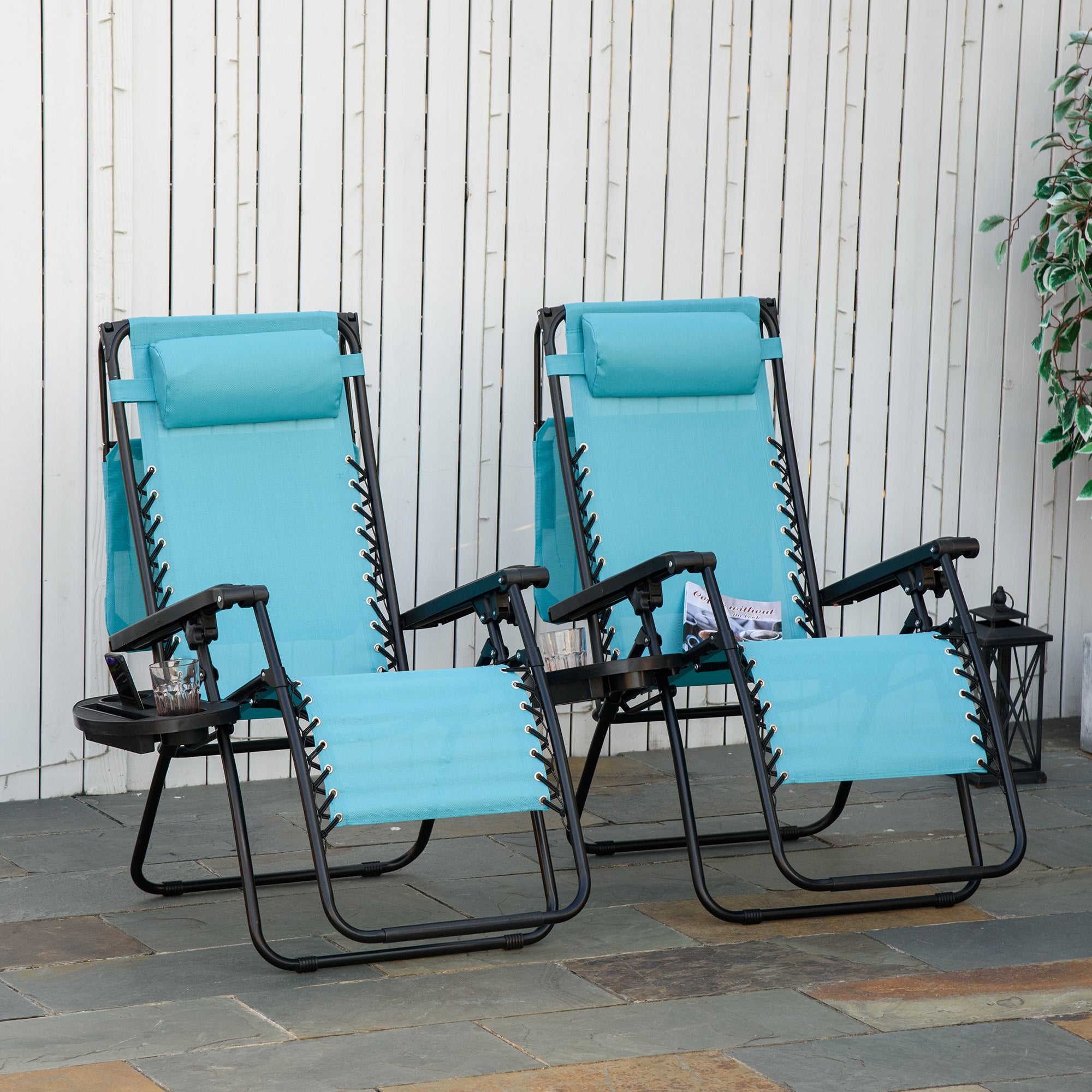 Outsunny 2 Piece Foldable Lounge Chair with Canopy Shade, Outdoor Zero Gravity Chair with Side Tray & Cup Holder, Reclining Lounger with Breathable Mesh Fabric Seat, Pillow, Sky Blue
