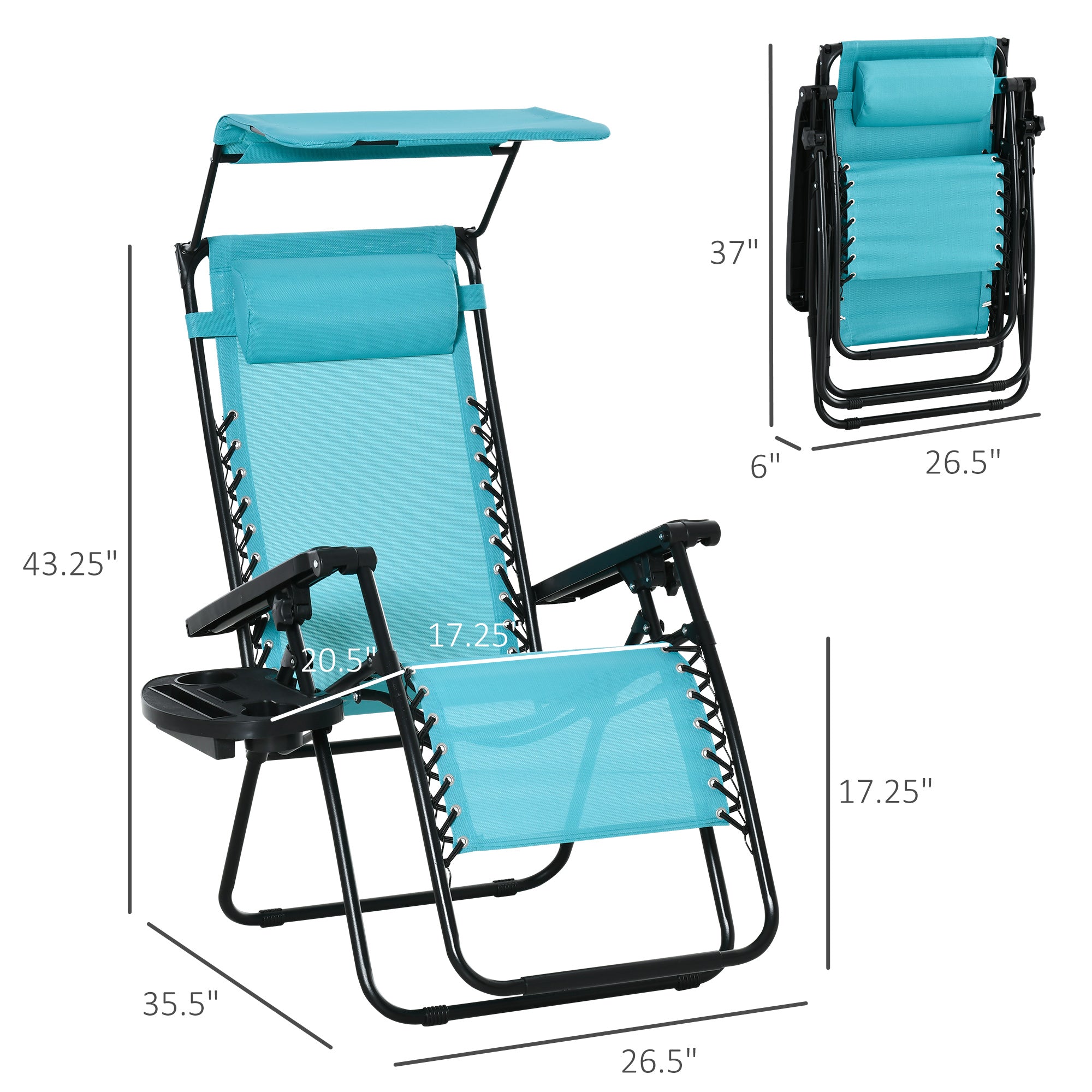 Outsunny 2 Piece Foldable Lounge Chair with Canopy Shade, Outdoor Zero Gravity Chair with Side Tray & Cup Holder, Reclining Lounger with Breathable Mesh Fabric Seat, Pillow, Sky Blue