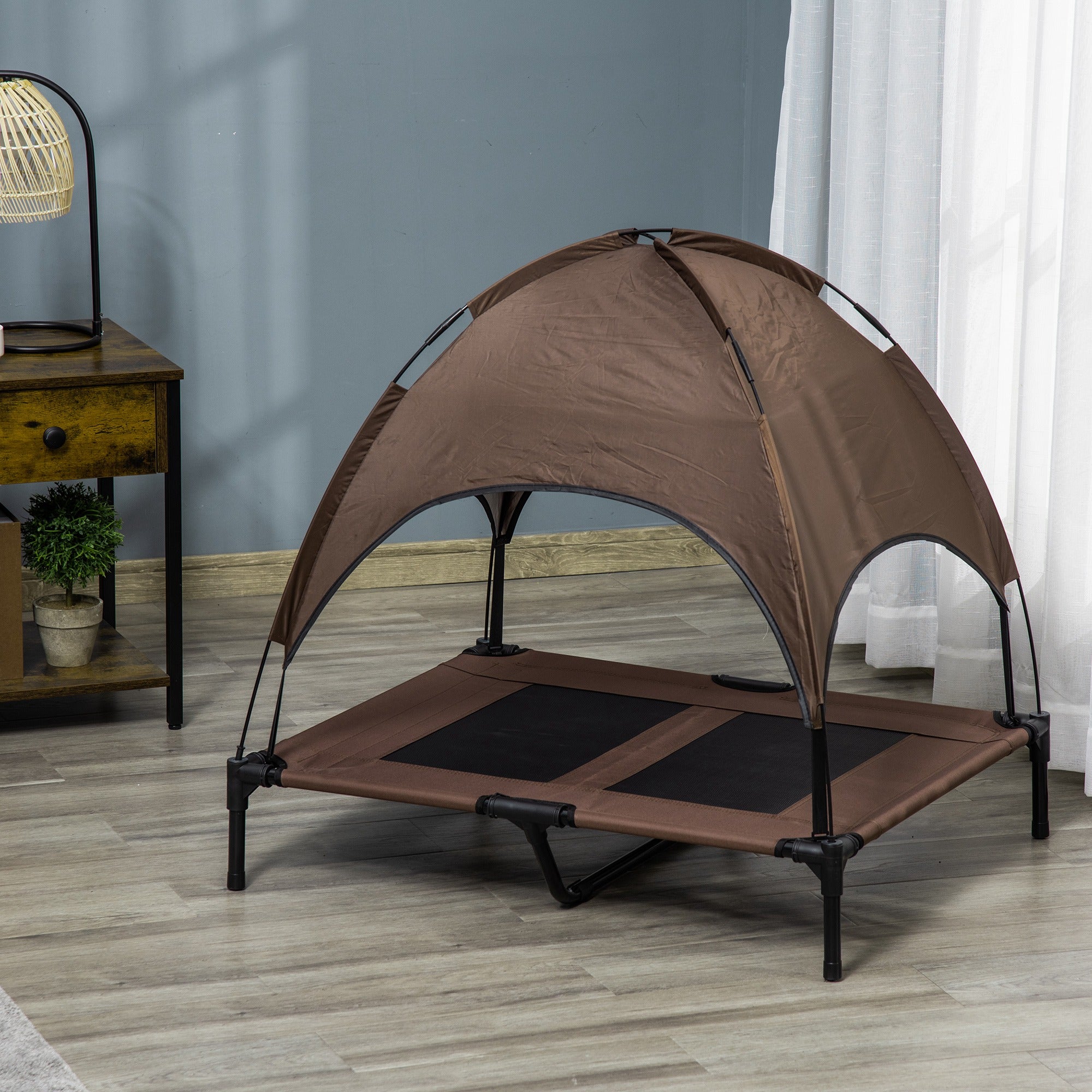PawHut Raised Dog Bed Waterproof Elevated Pet Cot with Breathable Mesh UV Protection Canopy Coffee, for Large Dogs, 92 x 76 x 90cm