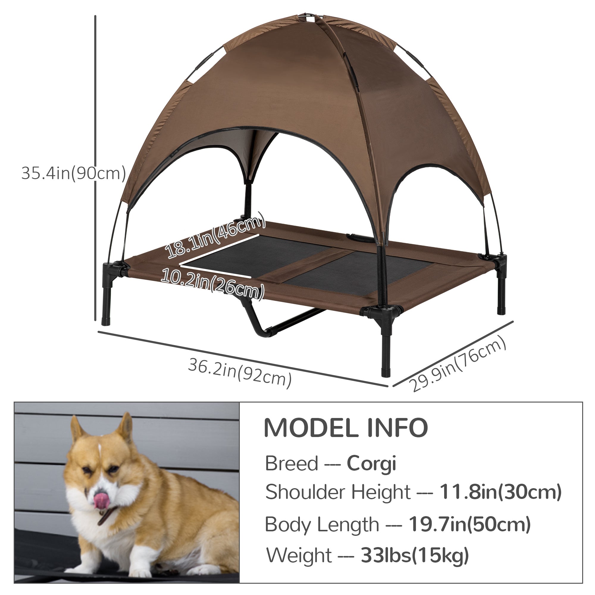 PawHut Elevated Dog Bed with Canopy, Portable Raised Dog Cot for L Sized Dogs, Indoor & Outdoor, 36" x 30" x 35", Coffee
