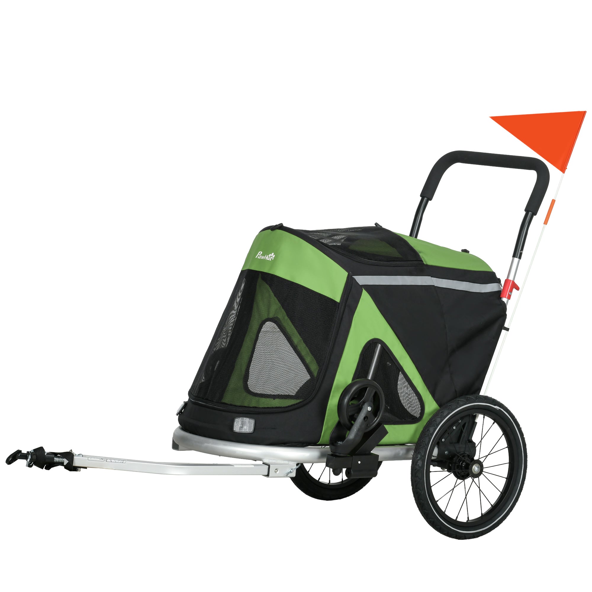 PawHut Dog Bike Trailer Dog Stroller 2 in 1 Foldable with Aluminium Frame, Quick-Release Wheels, Safety Leash, Anti-Slip Mat, Hitch Coupler, Reflectors, Flag, for Medium Dogs - Green