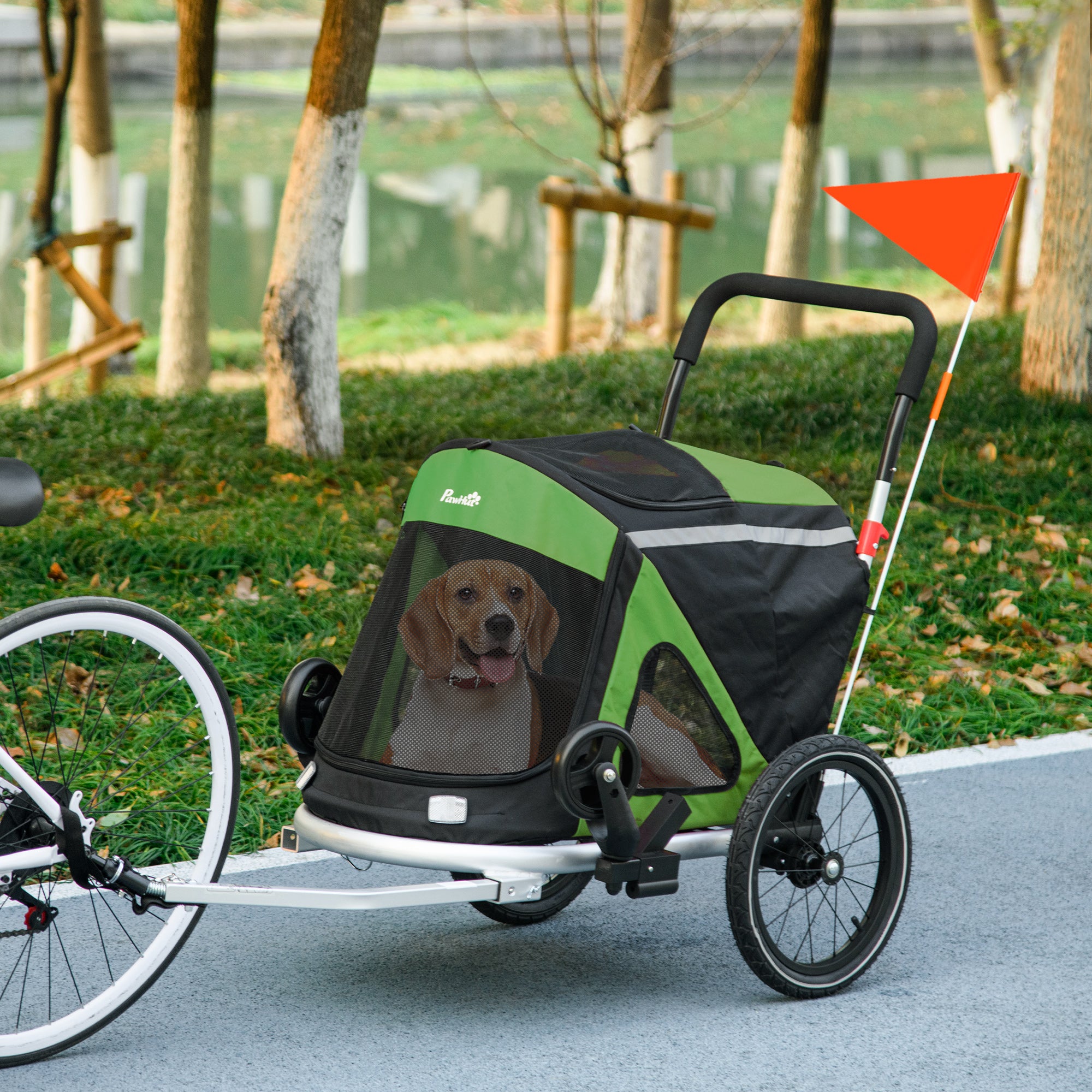 PawHut Dog Bike Trailer Dog Stroller 2 in 1 Foldable with Aluminium Frame, Quick-Release Wheels, Safety Leash, Anti-Slip Mat, Hitch Coupler, Reflectors, Flag, for Medium Dogs - Green