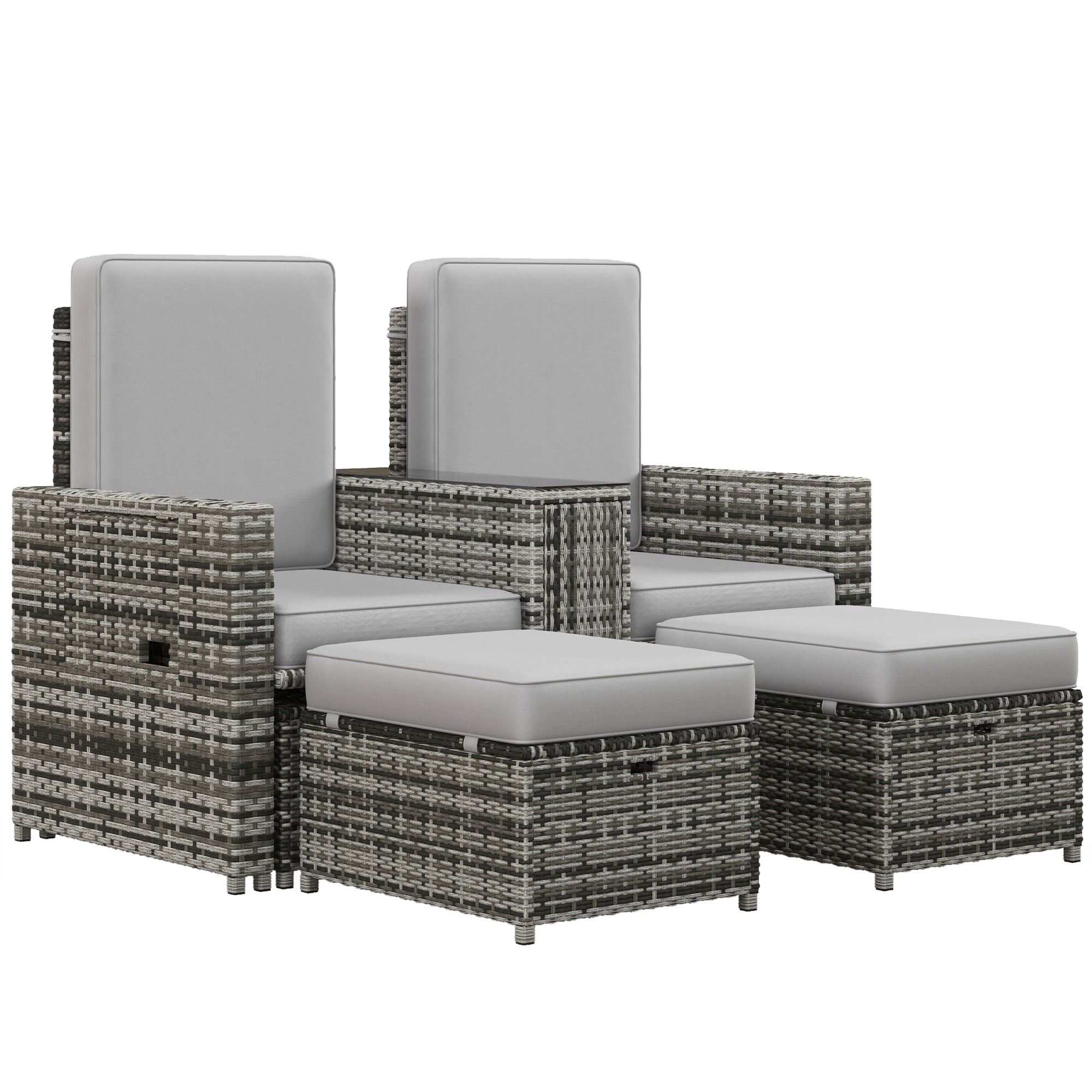 Outsunny 5PC Wicker Patio Lounger, Outdoor PE Rattan 5-level Adjustable Recliner Sofa Bed with Storage Side Table and Footstools, for Patio, Garden, Poolside, Grey