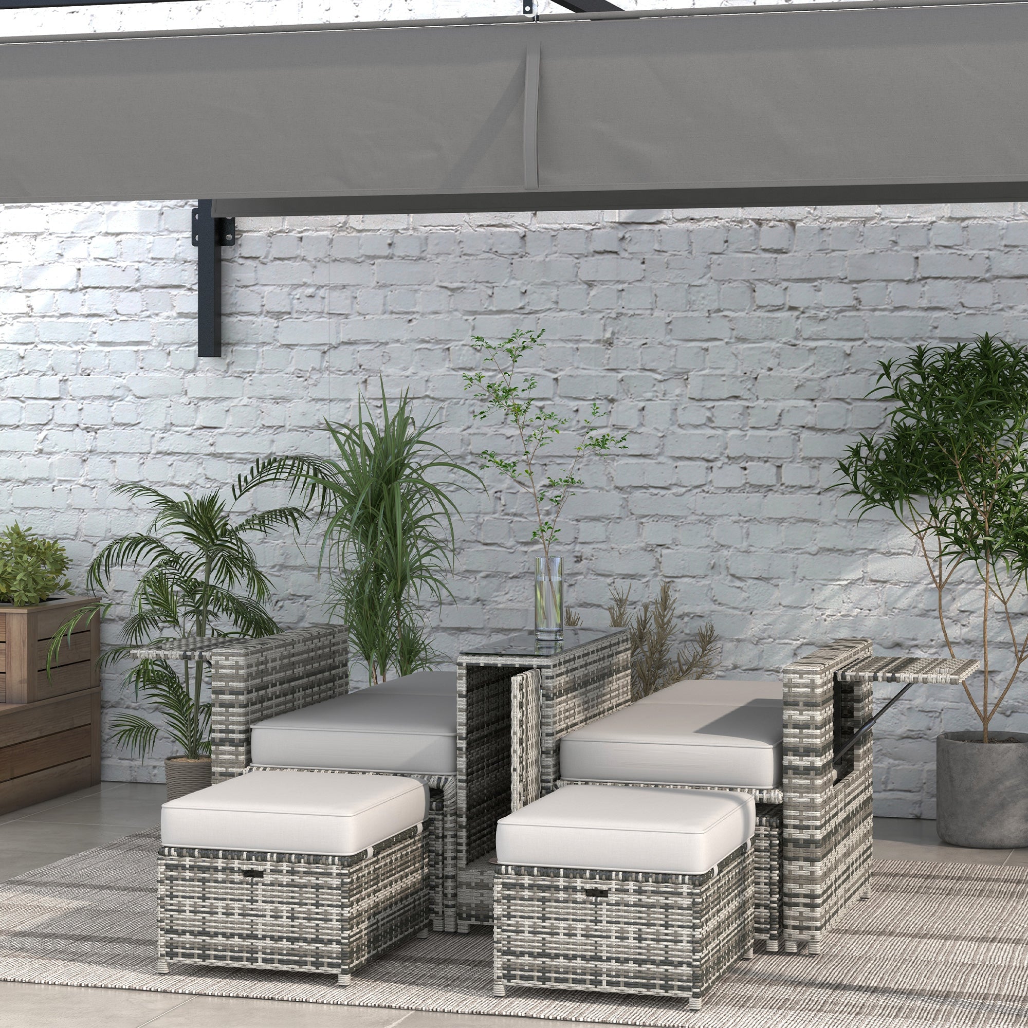 Outsunny 5PC Wicker Patio Lounger, Outdoor PE Rattan 5-level Adjustable Recliner Sofa Bed with Storage Side Table and Footstools, for Patio, Garden, Poolside, Grey