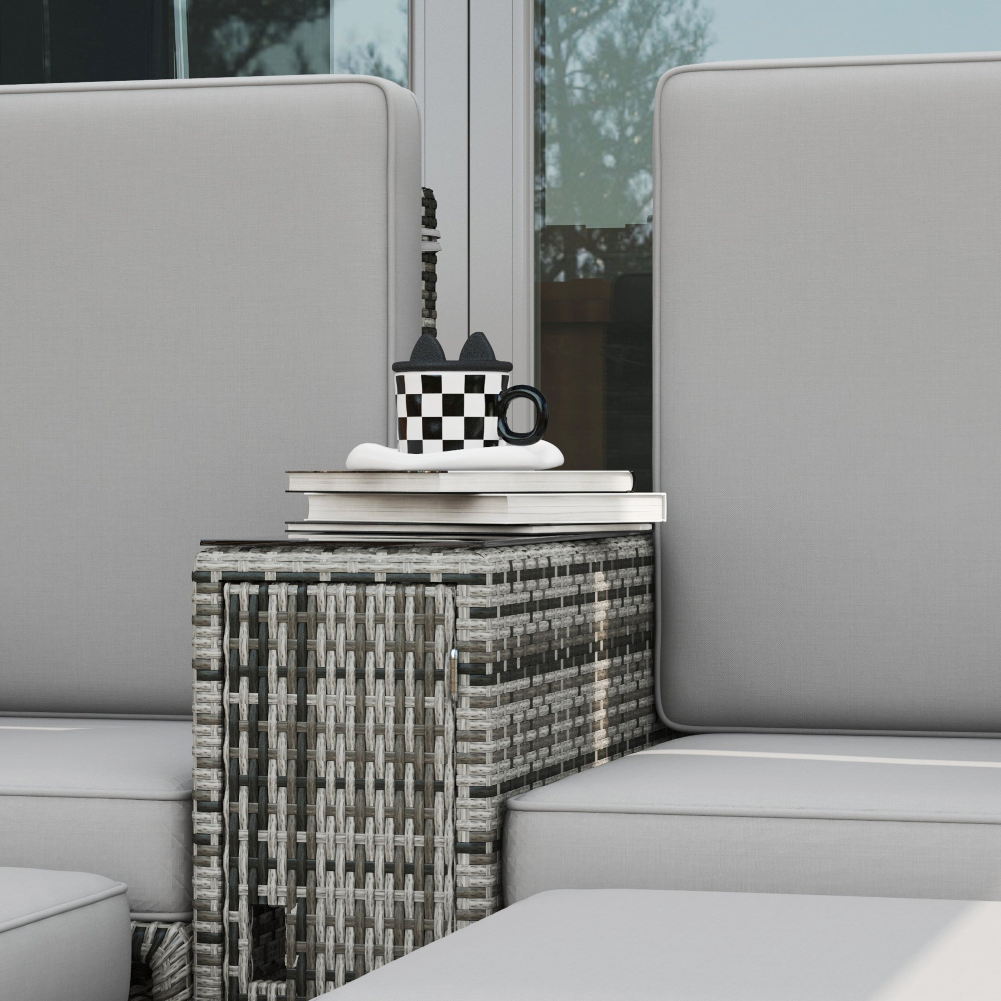 Outsunny 5PC Wicker Patio Lounger, Outdoor PE Rattan 5-level Adjustable Recliner Sofa Bed with Storage Side Table and Footstools, for Patio, Garden, Poolside, Grey