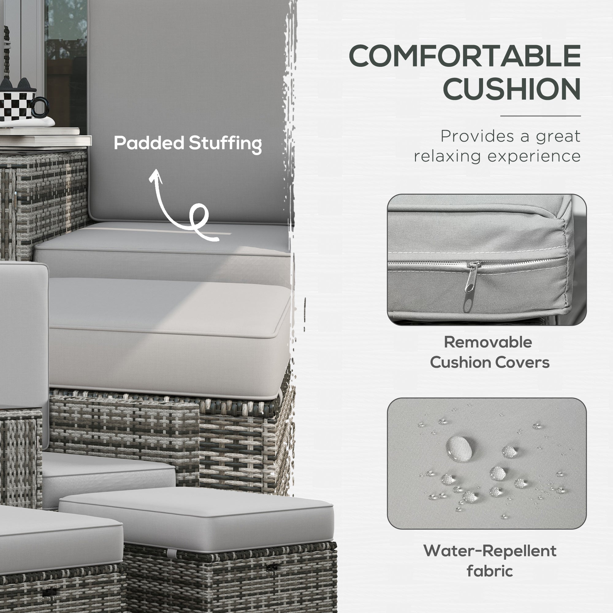 Outsunny 5PC Wicker Patio Lounger, Outdoor PE Rattan 5-level Adjustable Recliner Sofa Bed with Storage Side Table and Footstools, for Patio, Garden, Poolside, Grey