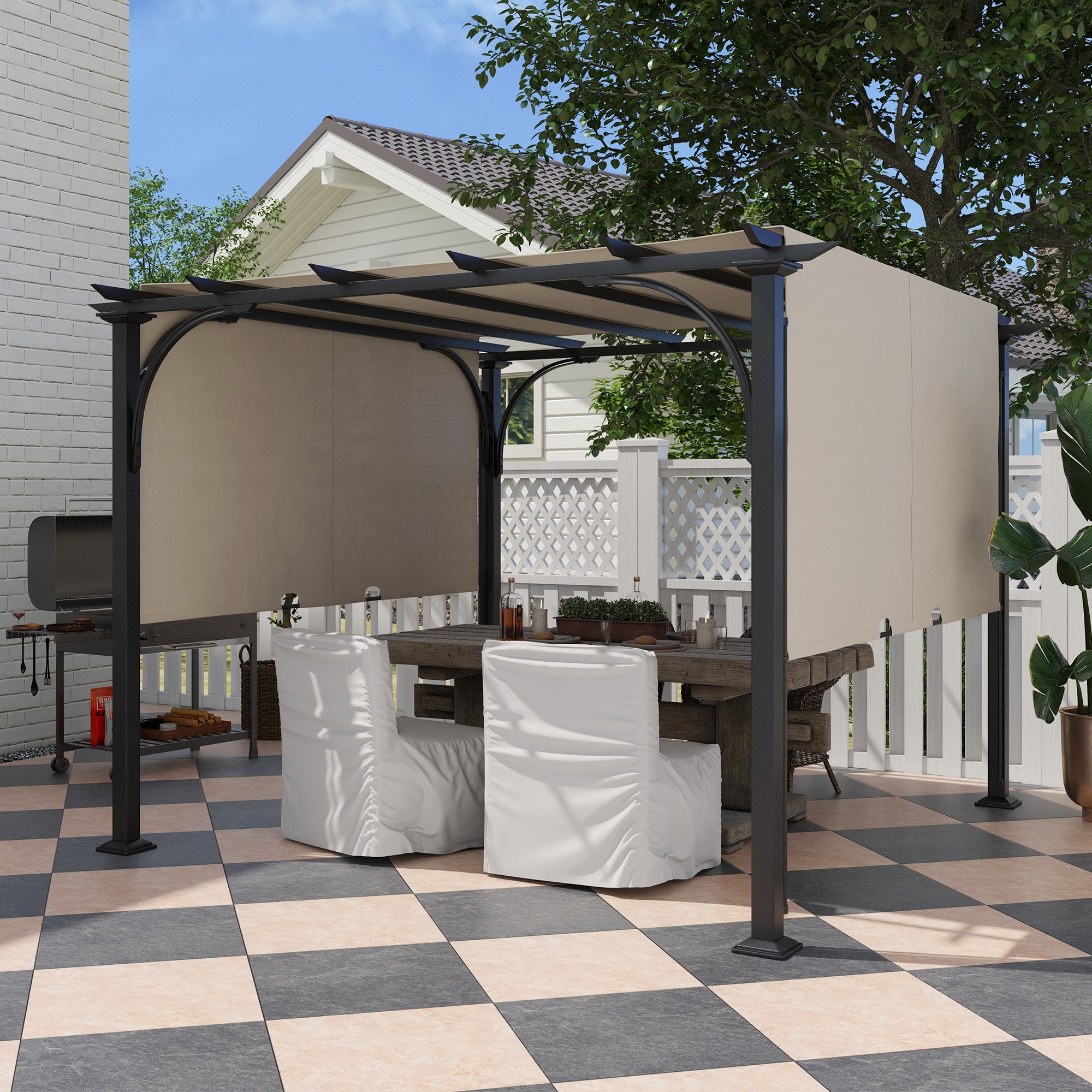 Outsunny 10' x 10' Outdoor Pergola Patio Gazebo Canopy Sun Shelter with Steel Frame, Beige