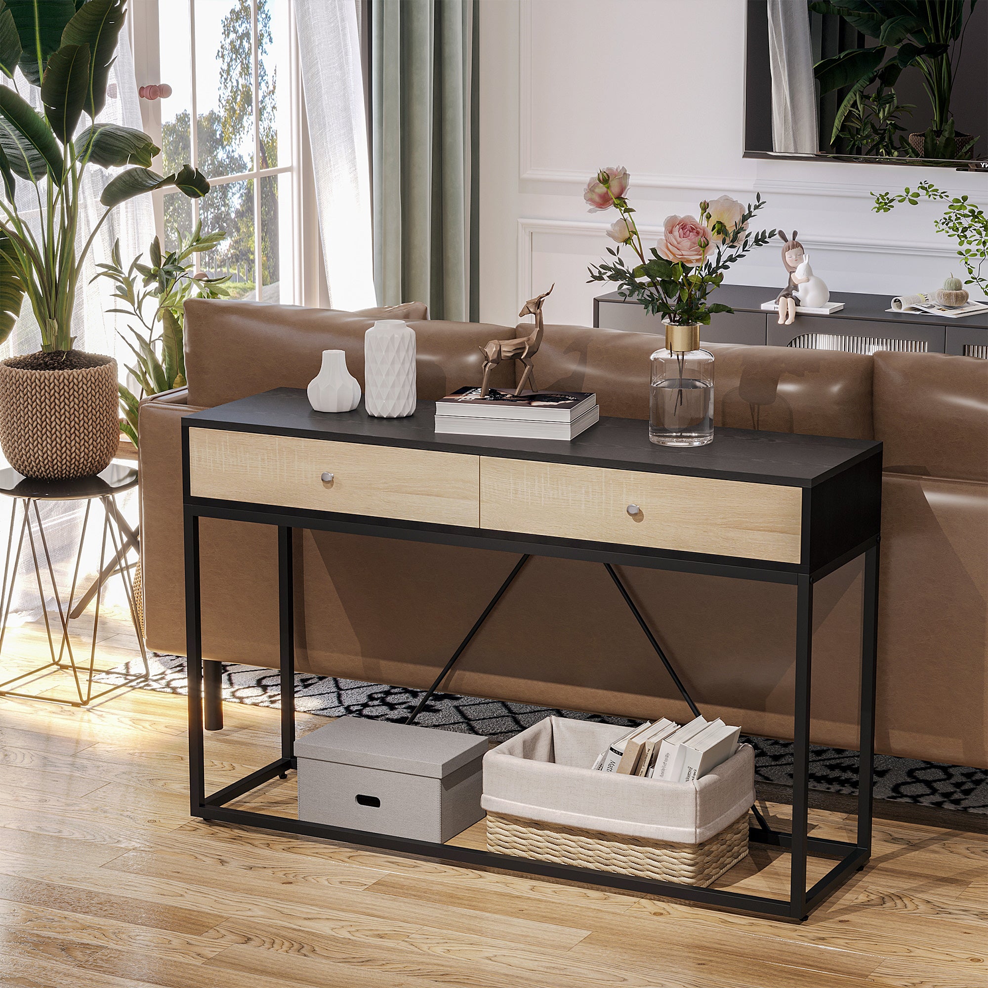 HOMCOM Console Table, Hallway Table with 2 Drawers, Steel Frame Sofa Table for Entrance and Living Room, Black