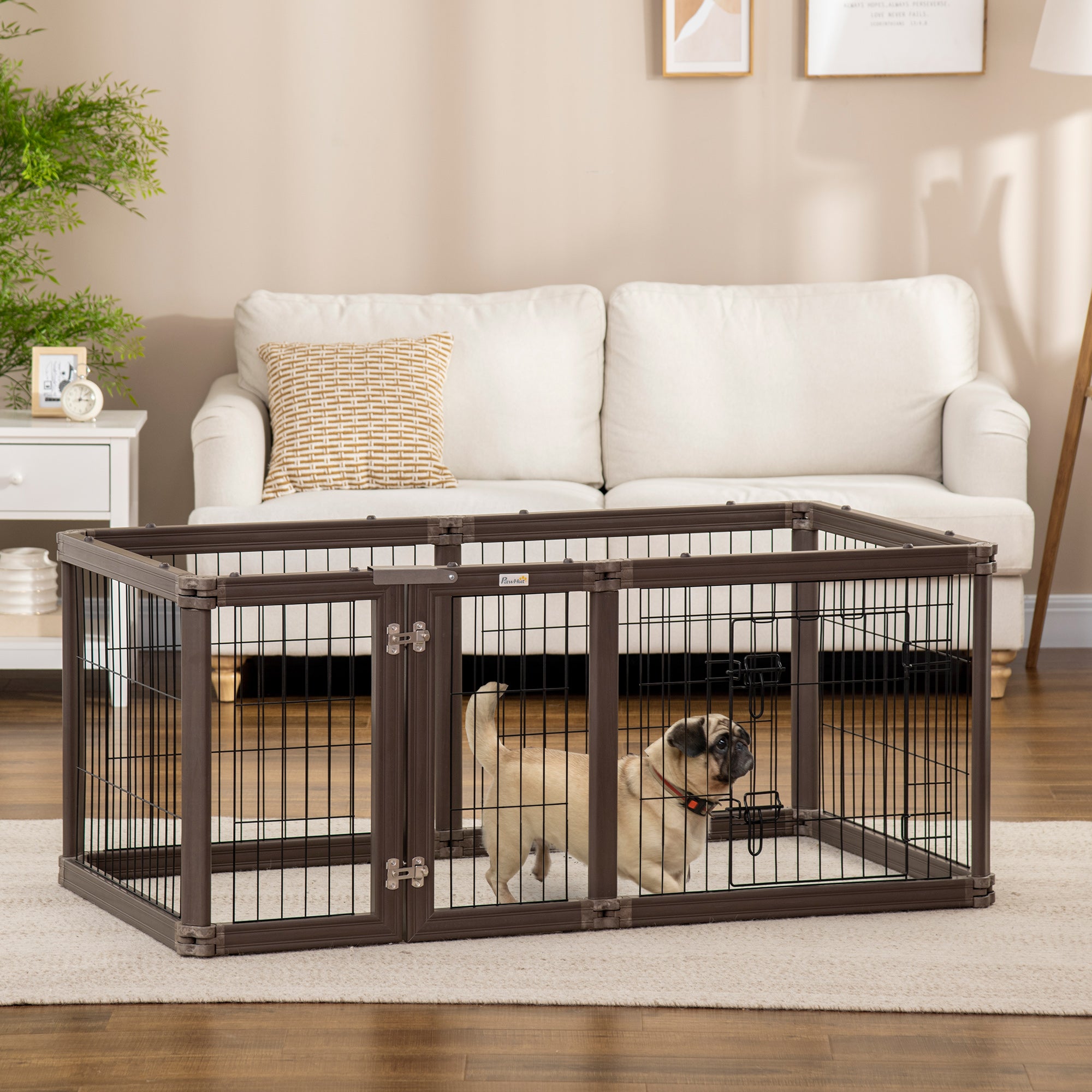PawHut 24.5" Heavy-Duty Pet Playpen, Foldable Dog Exercise Pen, Roomy Small Dog Fence with Door, Double Locking Latches, for Indoor or Outdoor Use, Brown