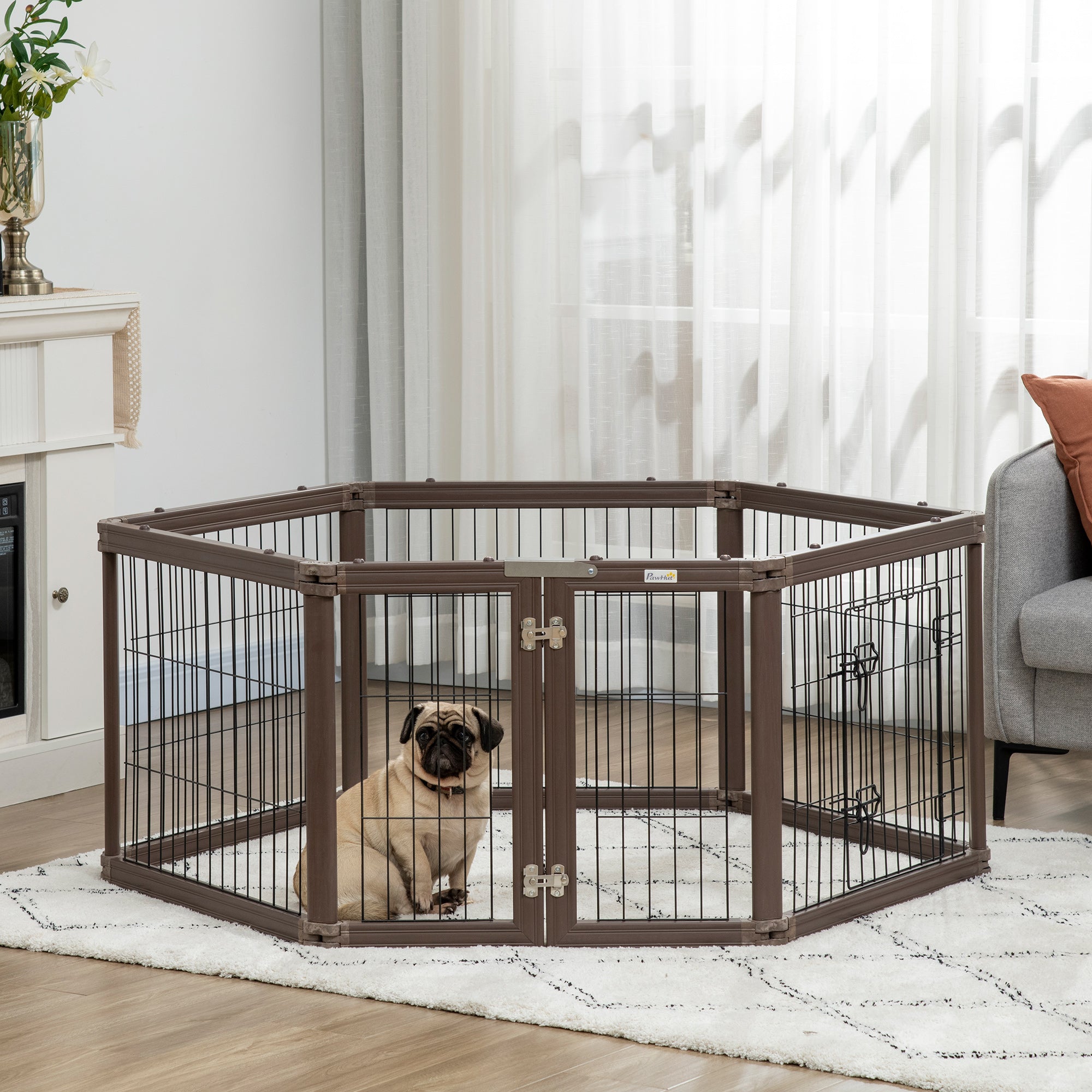 PawHut 24.5" Heavy-Duty Pet Playpen, Foldable Dog Exercise Pen, Roomy Small Dog Fence with Door, Double Locking Latches, for Indoor or Outdoor Use, Brown