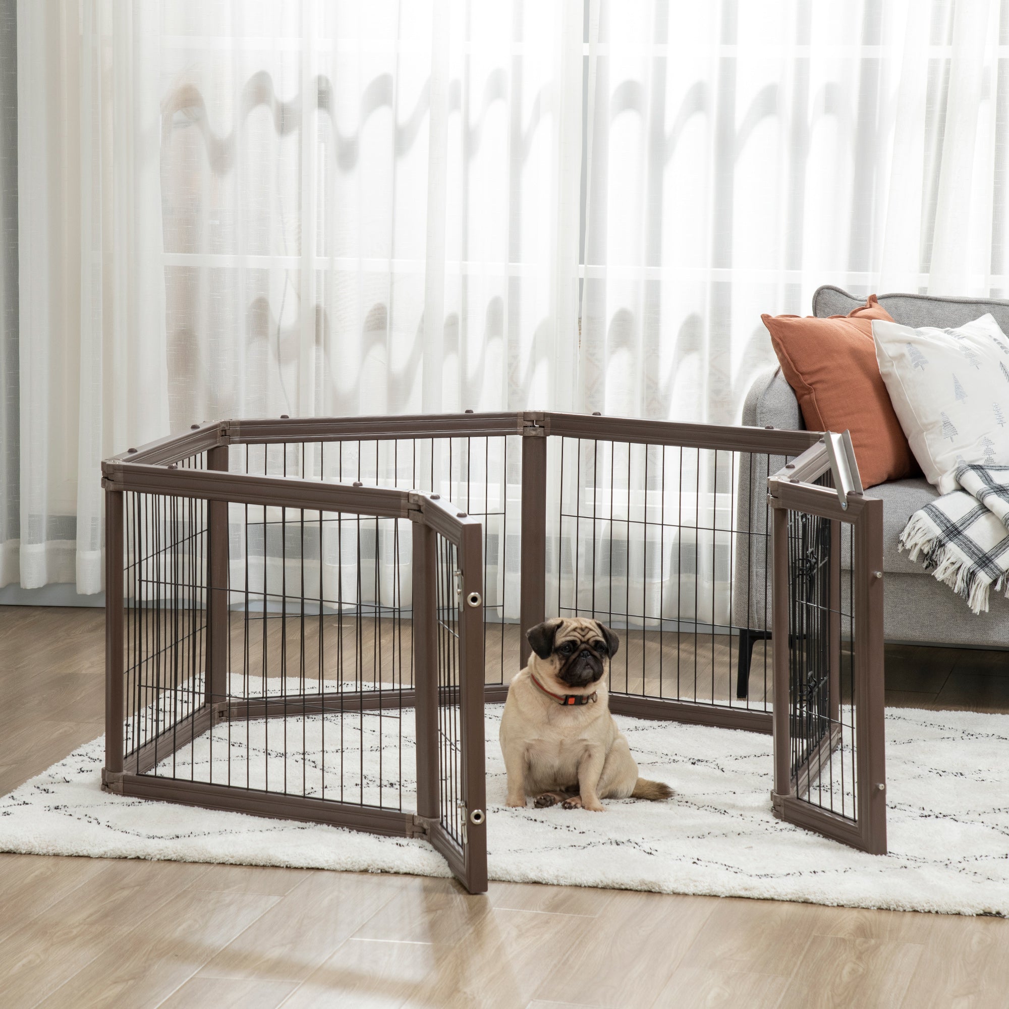 PawHut 24.5" Heavy-Duty Pet Playpen, Foldable Dog Exercise Pen, Roomy Small Dog Fence with Door, Double Locking Latches, for Indoor or Outdoor Use, Brown