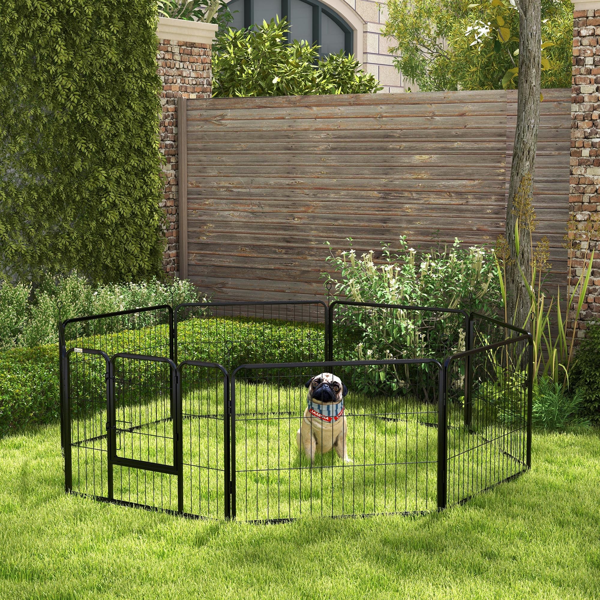 PawHut Dog Playpen, Heavy-duty Metal Puppy Play Pen, Pet Exercise Fences for Outside and Indoor, DIY Design with Door for Multiple Dogs, 8 Panels, 23.5"H