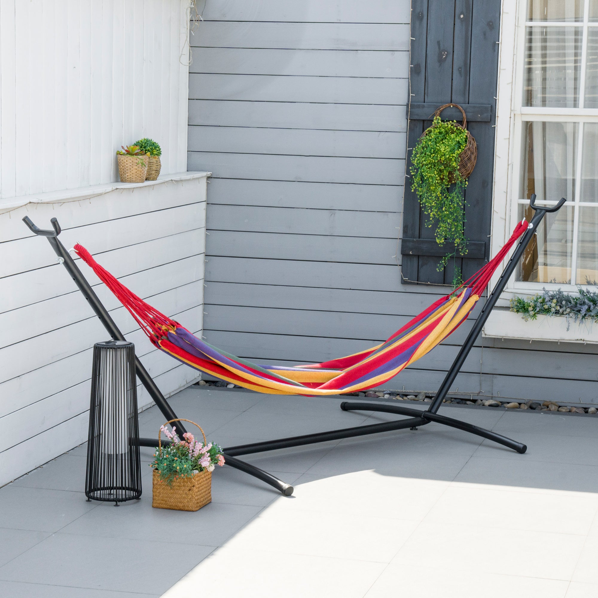Outsunny Patio Hammock with Stand, Fabric Outdoor Hammock Bed with Stand, Free Standing Adjustable Lounge Chair Includes Portable Carrying Case for Outdoor or Indoor