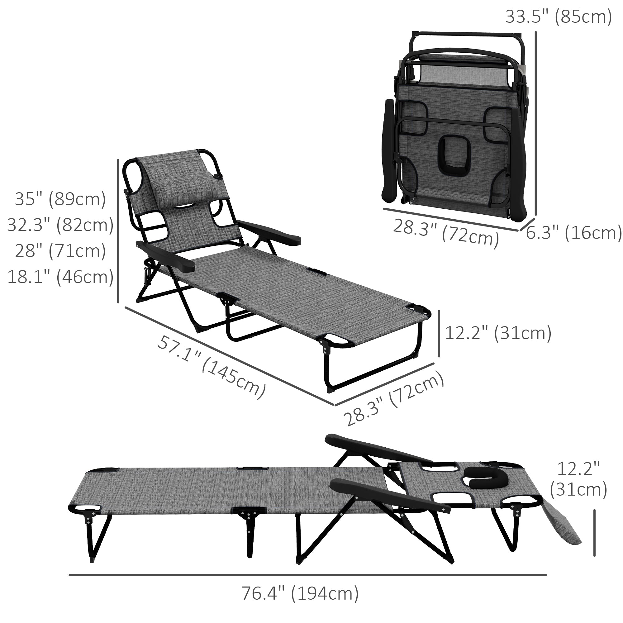 Outsunny Folding Lounge Chair with 4-level Reclining Back, Outdoor Tanning Chair with Reading Hole, Outdoor Chaise Lounge Chair with Headrest, for Beach, Yard, Patio, Mixed Grey