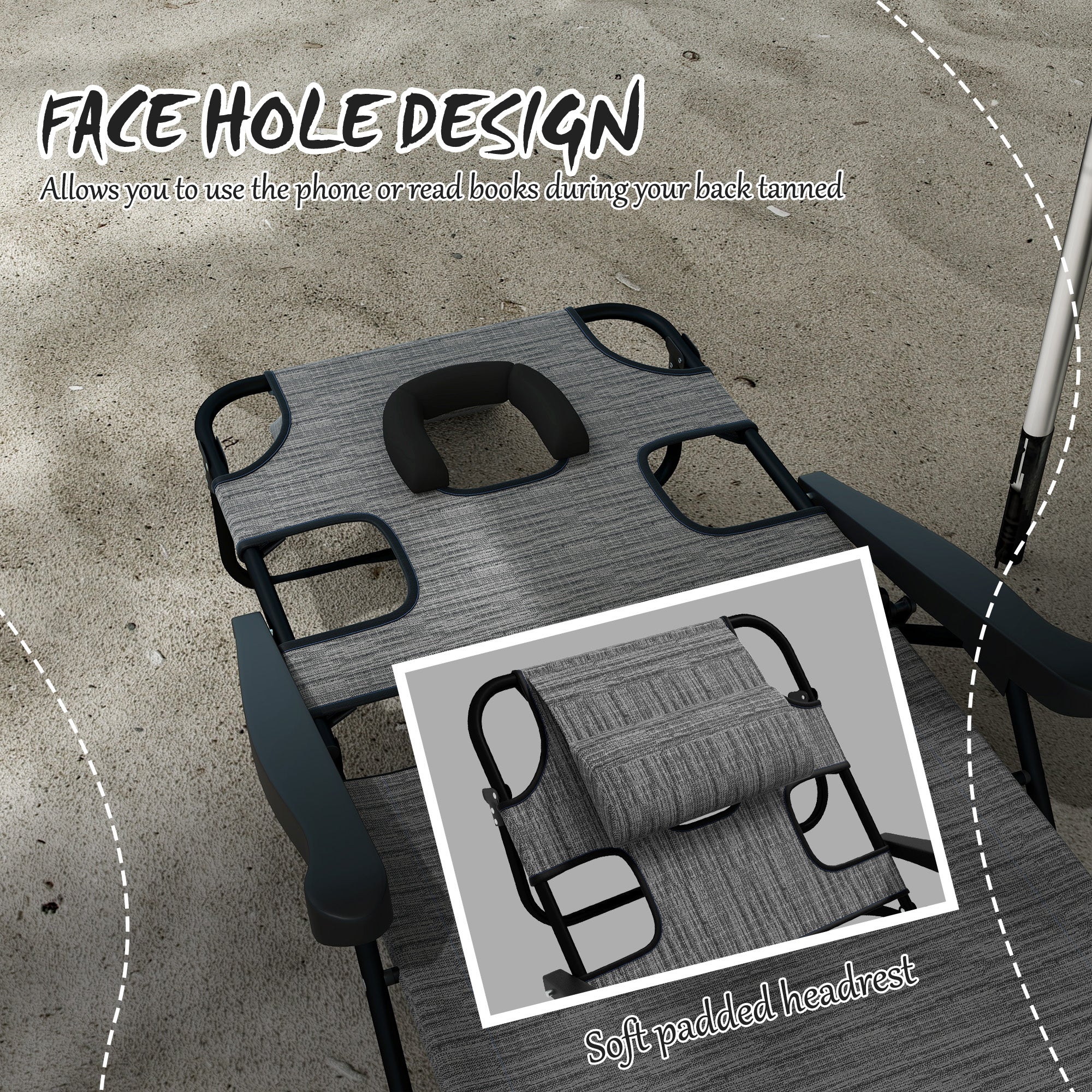 Outsunny Folding Lounge Chair with 4-level Reclining Back, Outdoor Tanning Chair with Reading Hole, Outdoor Chaise Lounge Chair with Headrest, for Beach, Yard, Patio, Mixed Grey