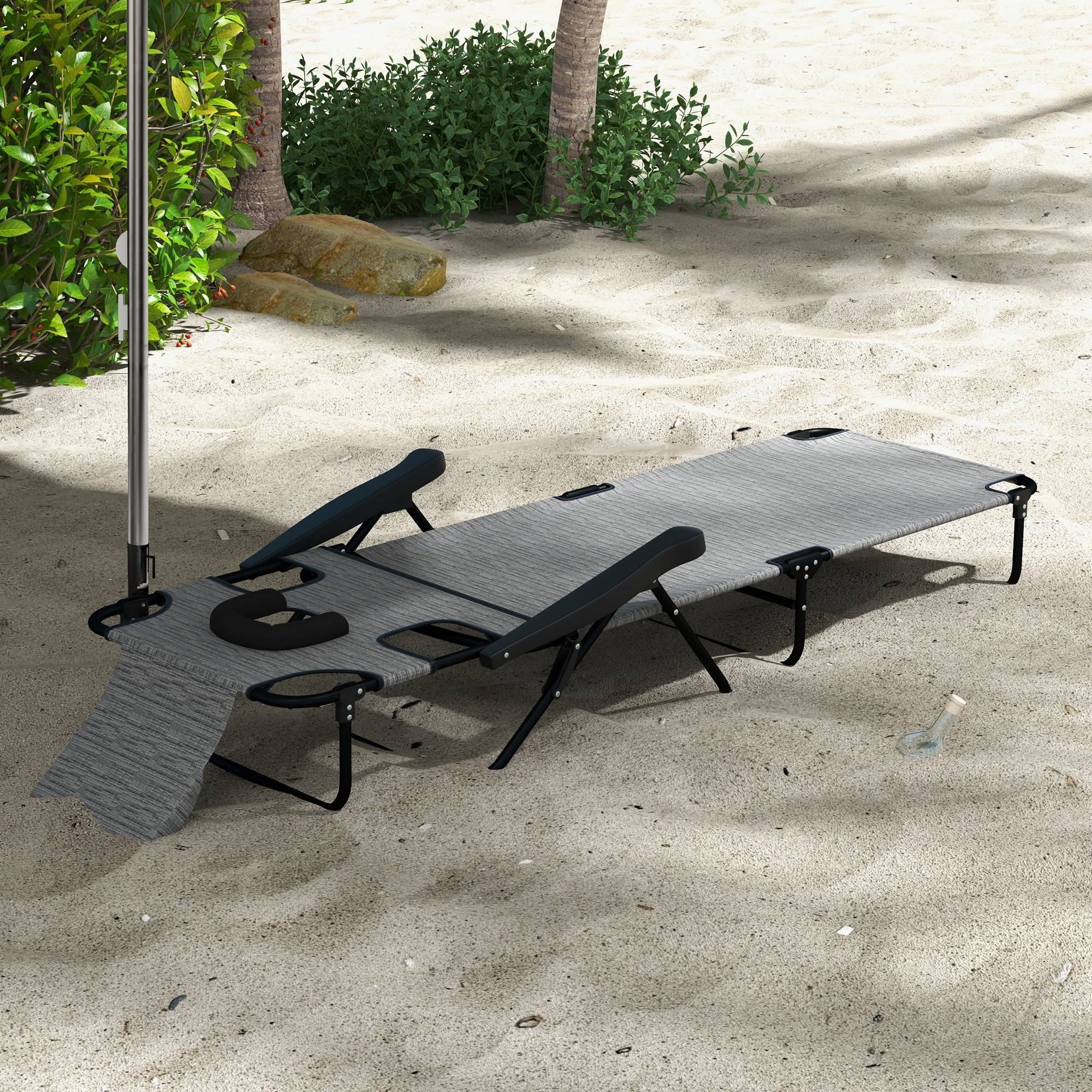 Outsunny Folding Lounge Chair with 4-level Reclining Back, Outdoor Tanning Chair with Reading Hole, Outdoor Chaise Lounge Chair with Headrest, for Beach, Yard, Patio, Mixed Grey