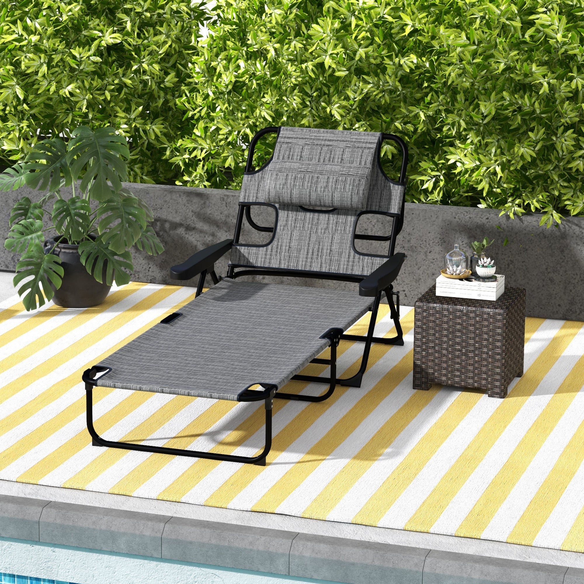 Outsunny Folding Lounge Chair with 4-level Reclining Back, Outdoor Tanning Chair with Reading Hole, Outdoor Chaise Lounge Chair with Headrest, for Beach, Yard, Patio, Mixed Grey