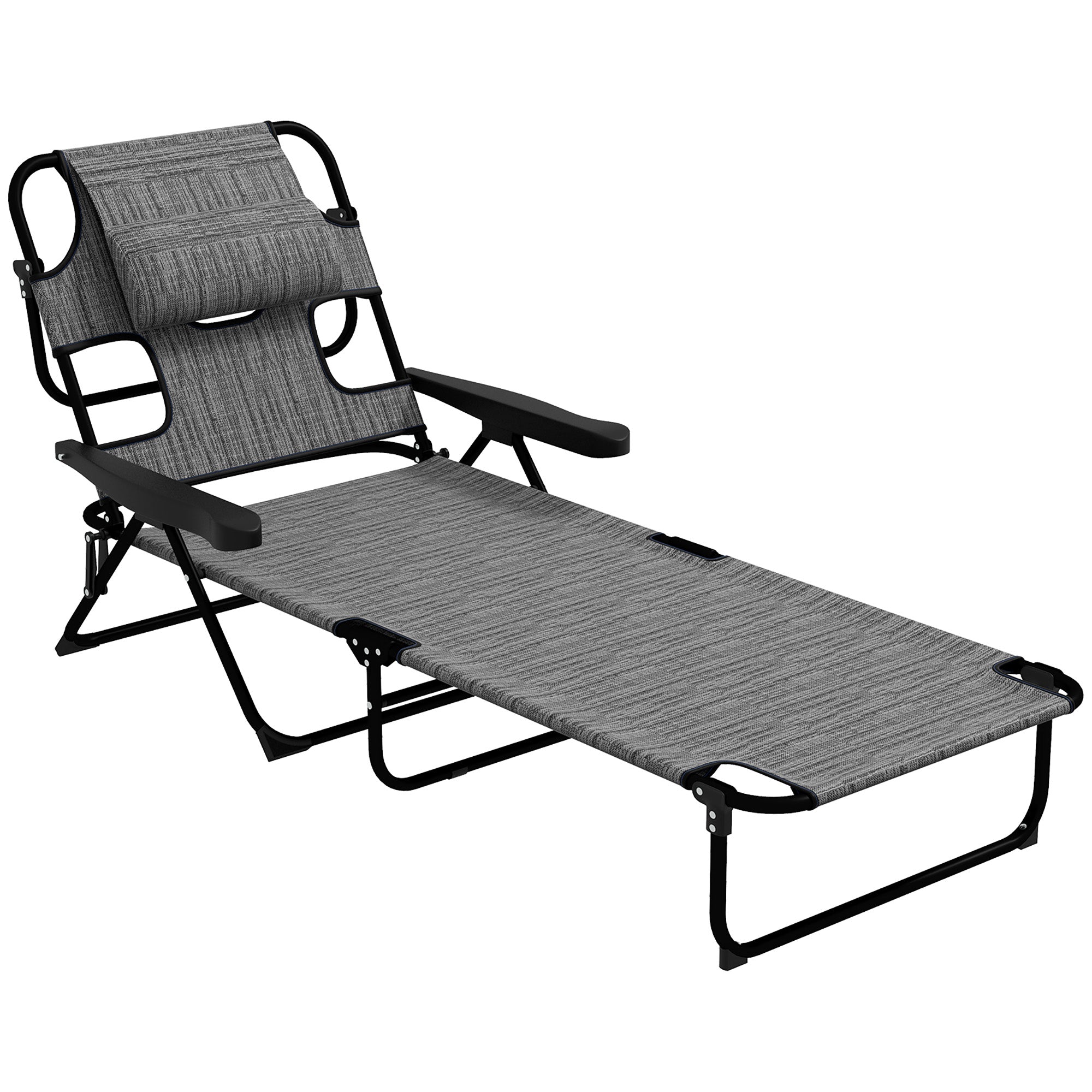 Outsunny Folding Lounge Chair with 4-level Reclining Back, Outdoor Tanning Chair with Reading Hole, Outdoor Chaise Lounge Chair with Headrest, for Beach, Yard, Patio, Mixed Grey