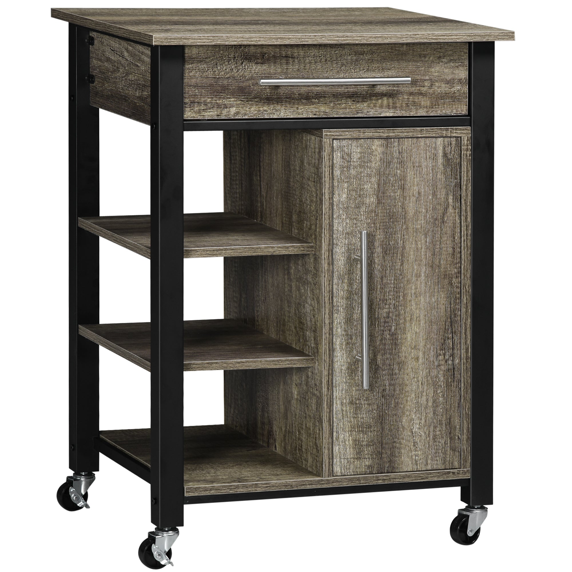 HOMCOM Kitchen Trolley Utility Cart on Wheels with Storage Shelves & Drawer for Dining Room, Grey