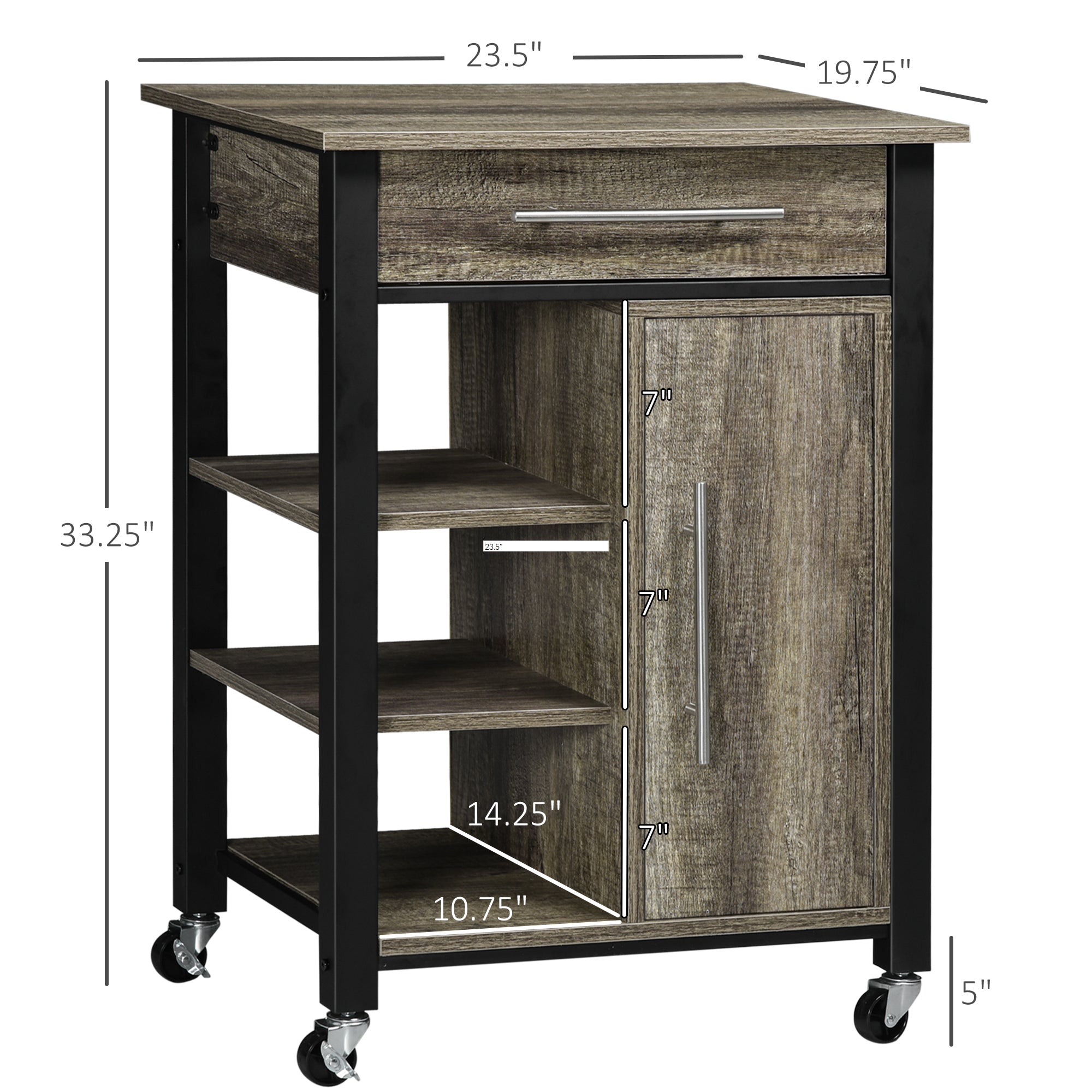 HOMCOM Kitchen Trolley Utility Cart on Wheels with Storage Shelves & Drawer for Dining Room, Grey