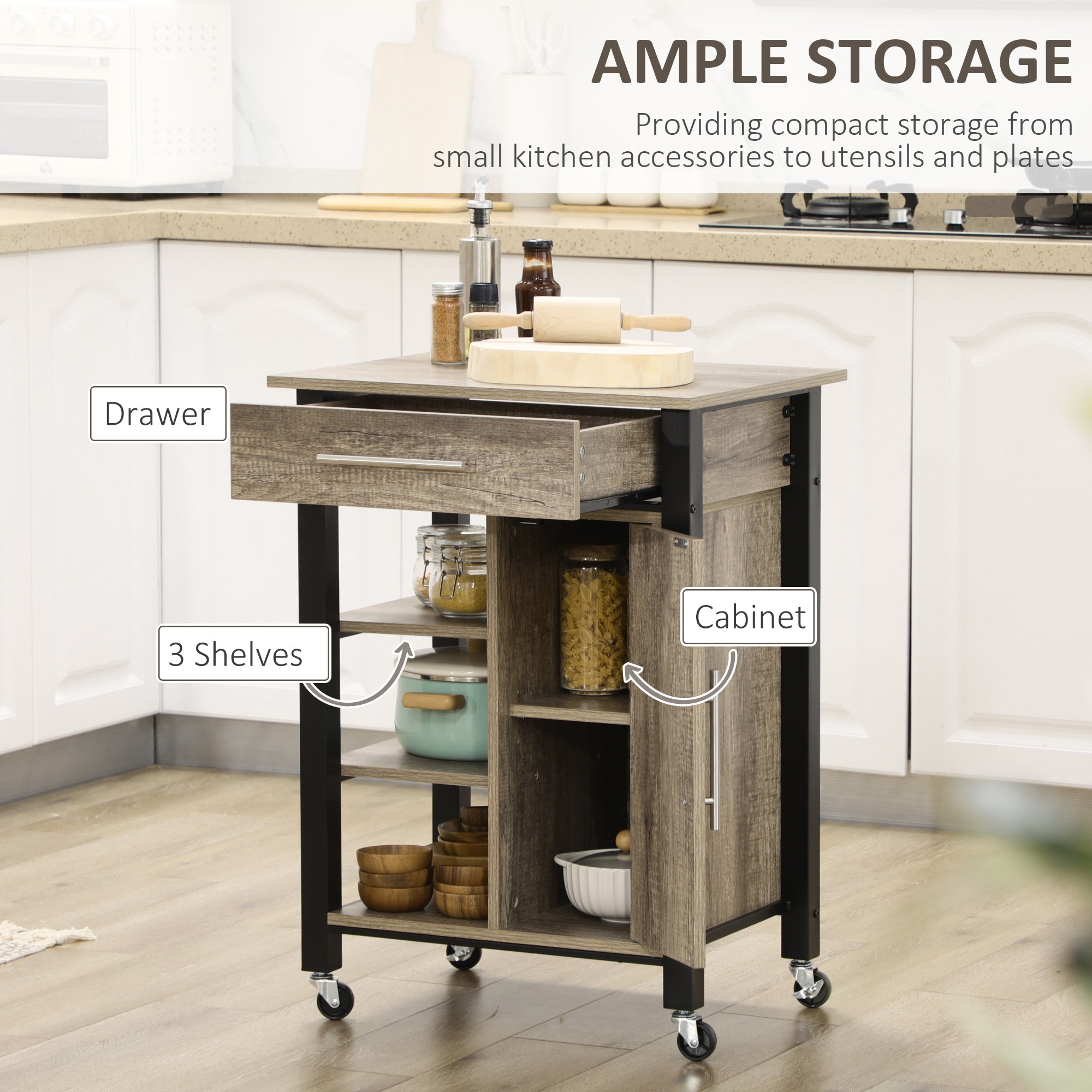 HOMCOM Kitchen Trolley Utility Cart on Wheels with Storage Shelves & Drawer for Dining Room, Grey