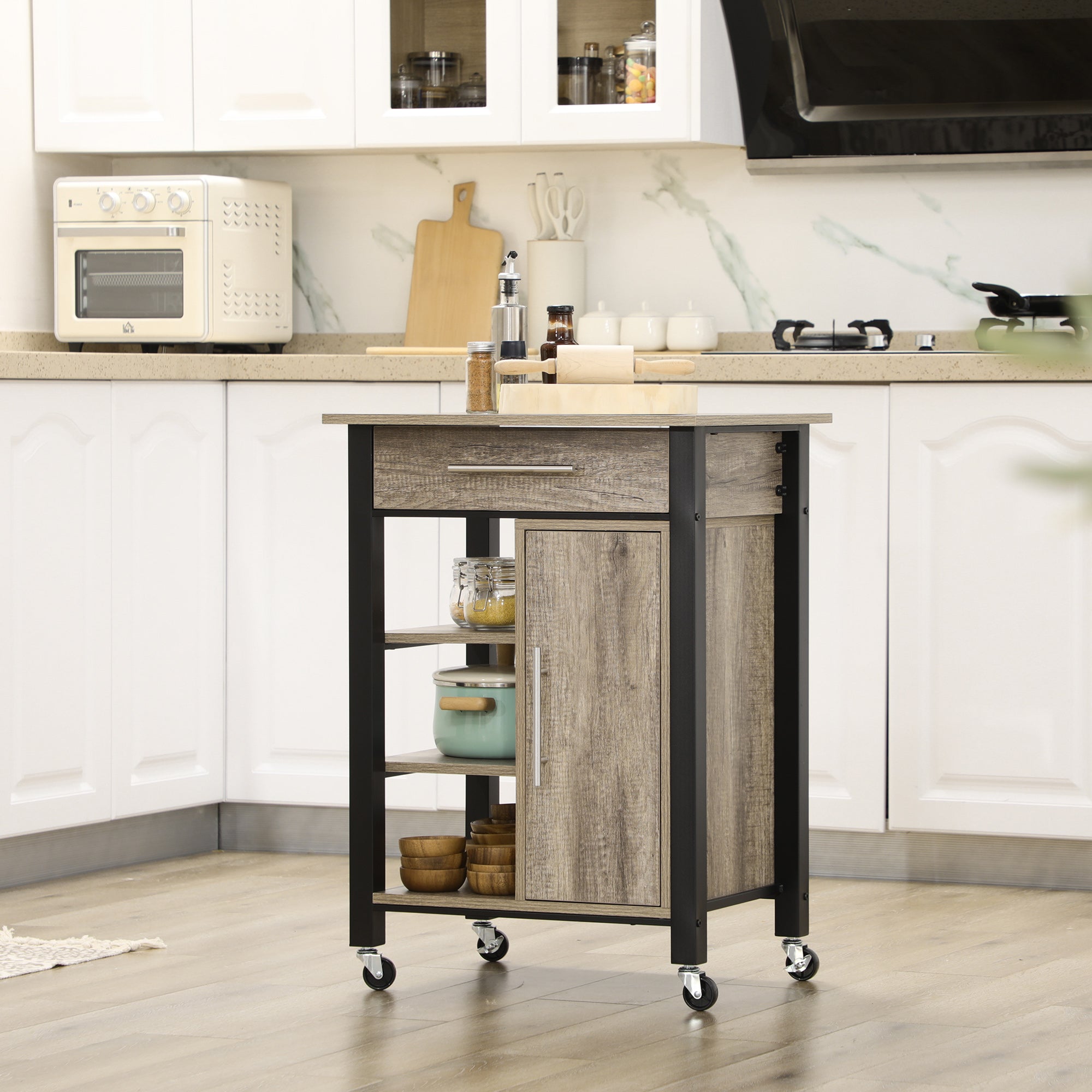 HOMCOM Kitchen Trolley Utility Cart on Wheels with Storage Shelves & Drawer for Dining Room, Grey