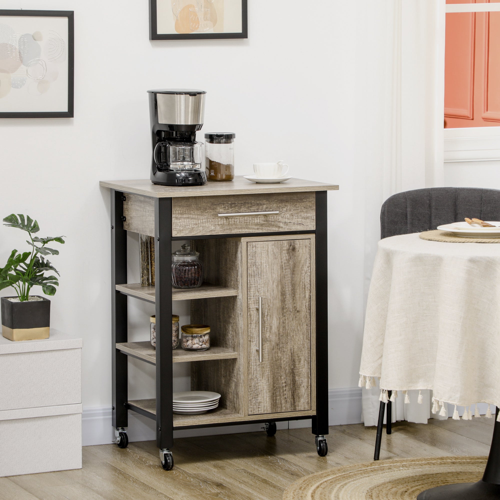 HOMCOM Kitchen Trolley Utility Cart on Wheels with Storage Shelves & Drawer for Dining Room, Grey