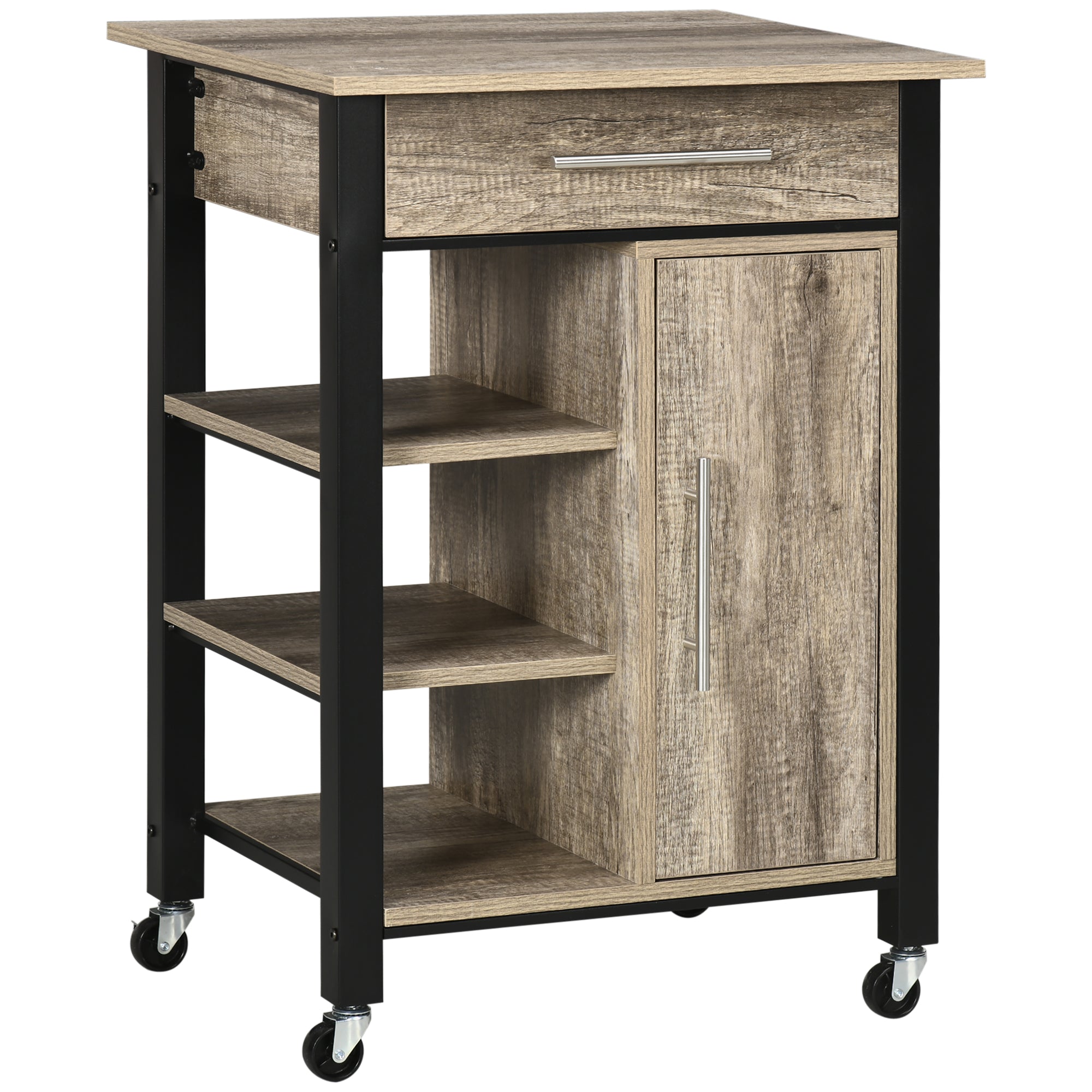 HOMCOM Kitchen Trolley Utility Cart on Wheels with Storage Shelves & Drawer for Dining Room, Grey