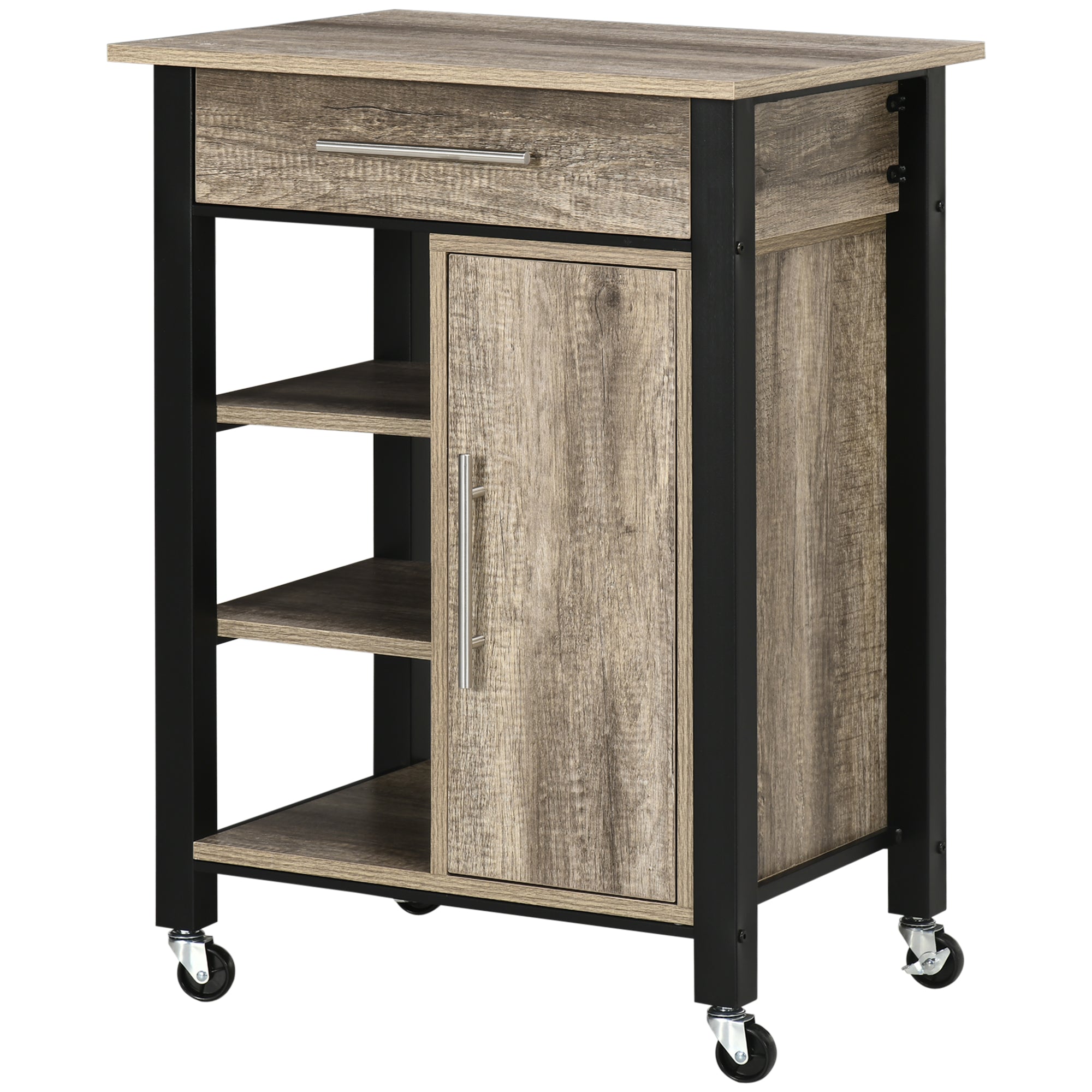 HOMCOM Kitchen Trolley Utility Cart on Wheels with Storage Shelves & Drawer for Dining Room, Grey