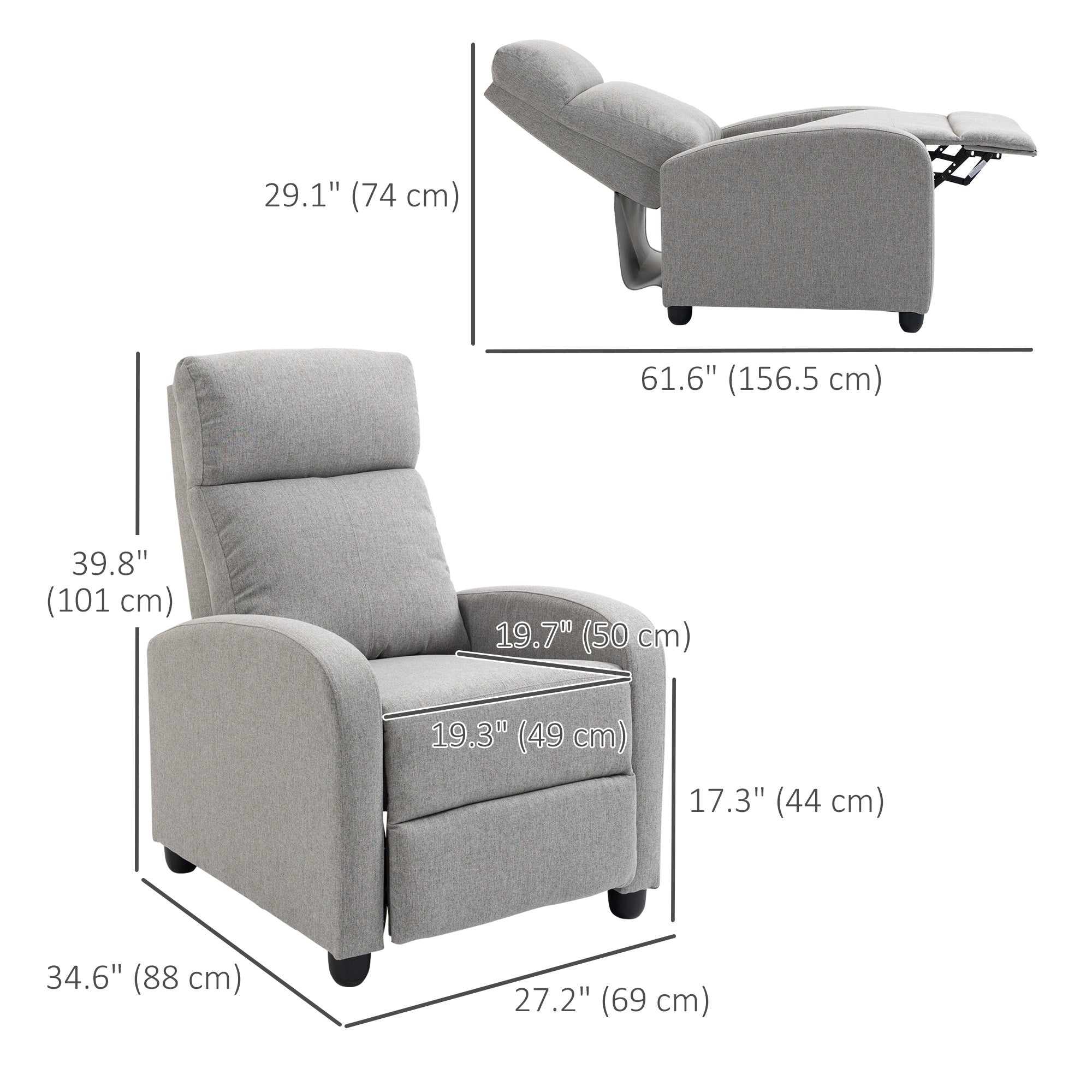 HOMCOM Push Back Recliner Chair, Fabric Home Theater Seating, Single Reclining Sofa Chair with Padded Seat for Living Room, Light Grey