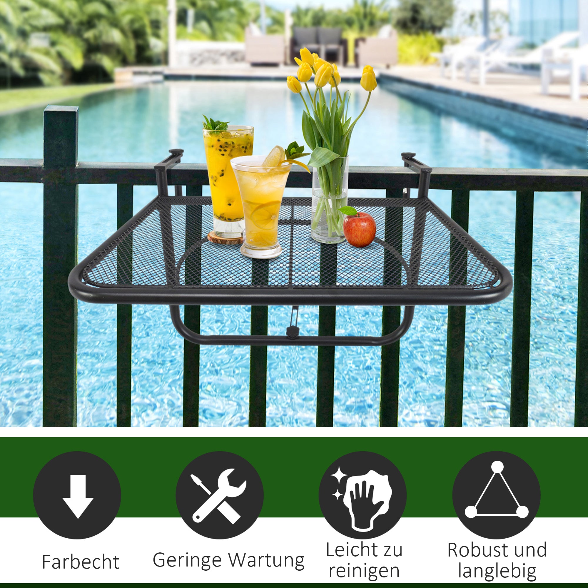 Outsunny Adjustable Balcony Hanging Railing Table, Metal Mounting Mini Wall Desk Storage Rack, Outdoor Flower Stand Serving Table Rectangle, Black
