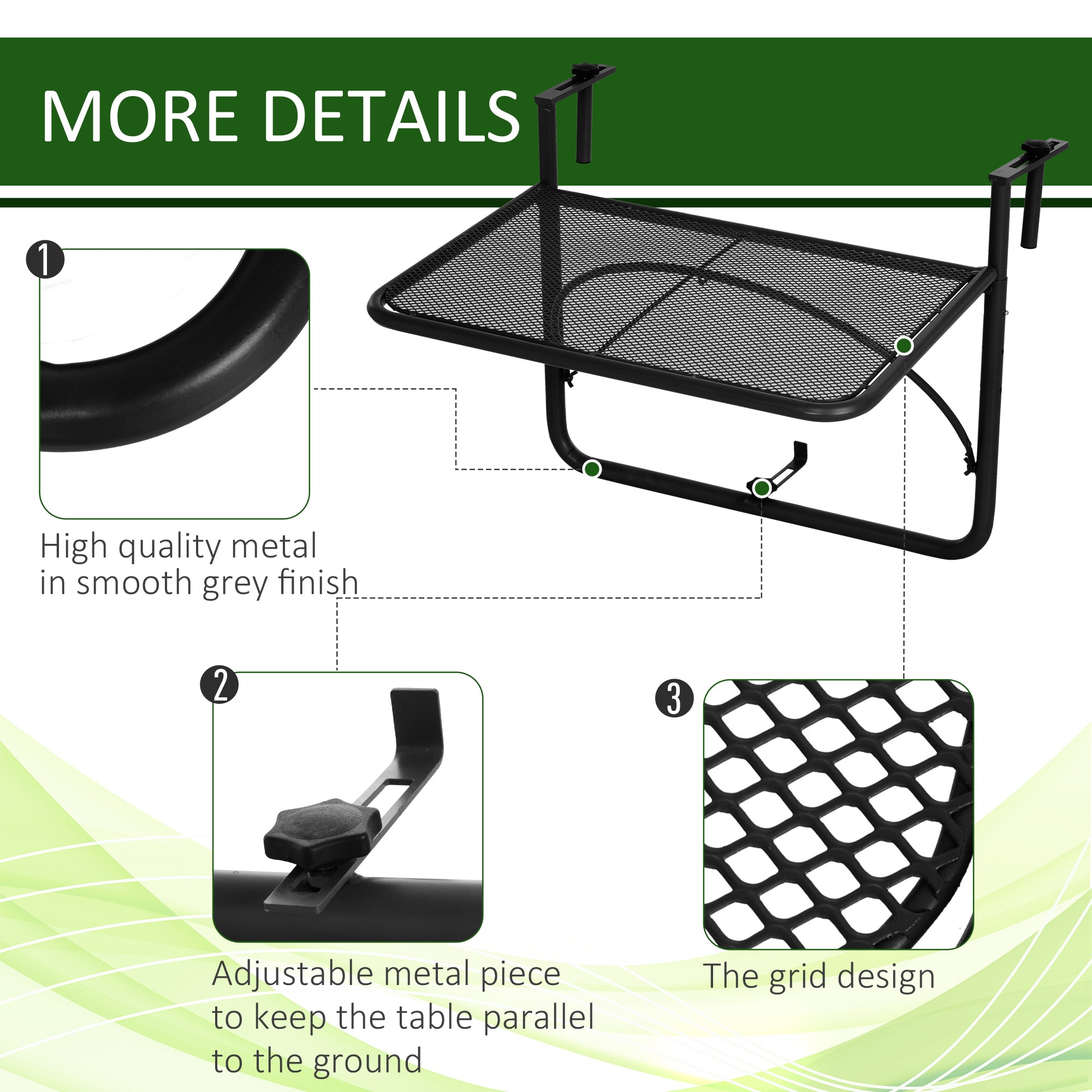 Outsunny Adjustable Balcony Hanging Railing Table, Metal Mounting Mini Wall Desk Storage Rack, Outdoor Flower Stand Serving Table Rectangle, Black