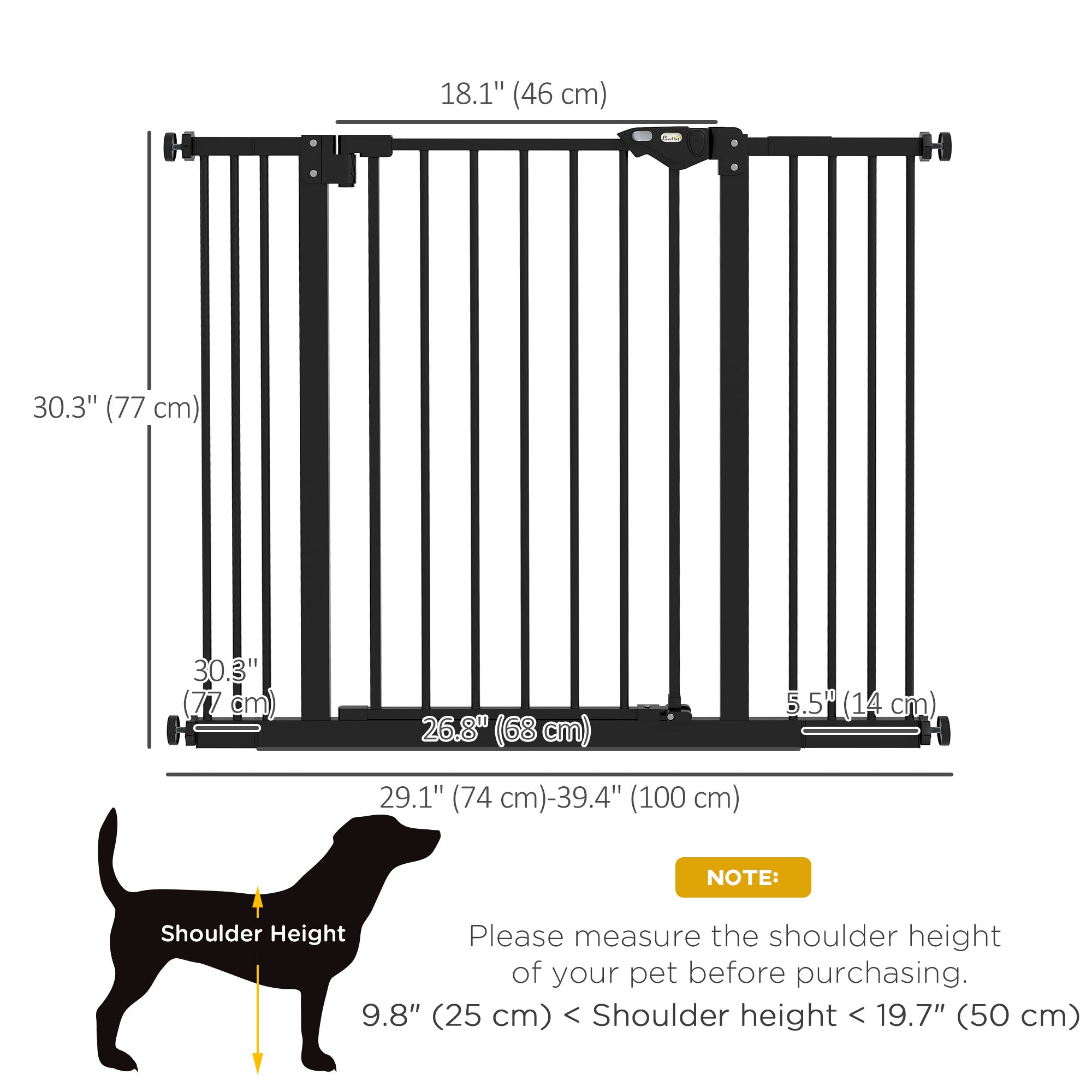 PawHut 30 Inch Tall Pet Gate with Door Dog Gate and Barrier Indoor for Stairs Includes 2.8", 5.5" Extensions Kit, Pressure-Mounted Safety Gate, Black