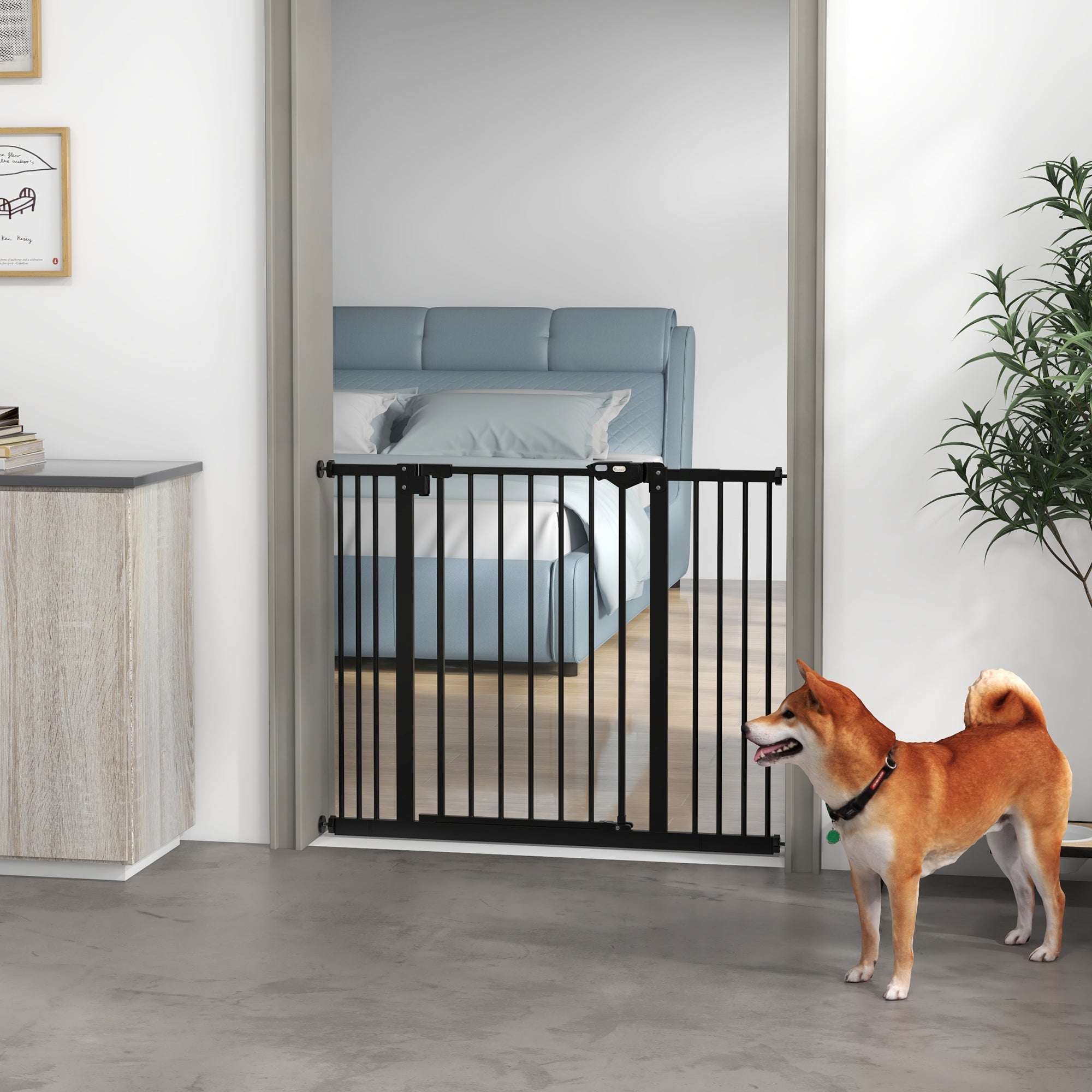 PawHut Dog Gate Stair Gate Pressure Fit Pets Barrier Auto Close for Doorway Hallway, 74-100cm Wide Adjustable, Black