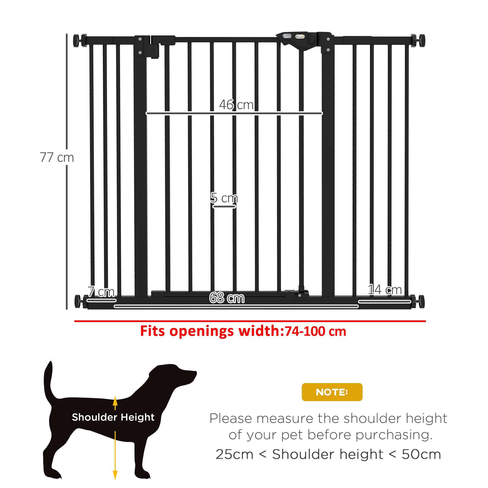 PawHut Dog Gate Stair Gate Pressure Fit Pets Barrier Auto Close for Doorway Hallway, 74-100cm Wide Adjustable, Black