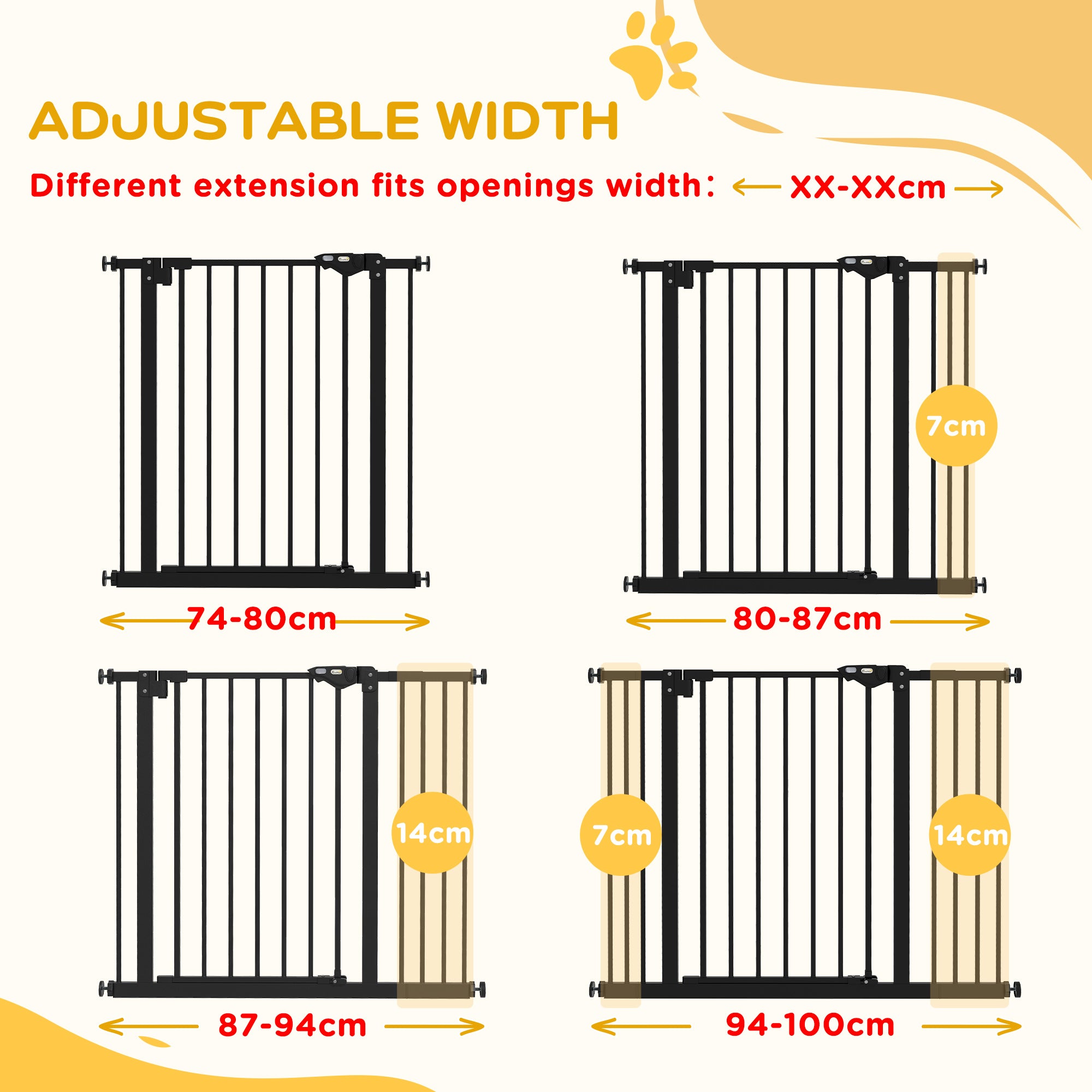 PawHut Dog Gate Stair Gate Pressure Fit Pets Barrier Auto Close for Doorway Hallway, 74-100cm Wide Adjustable, Black