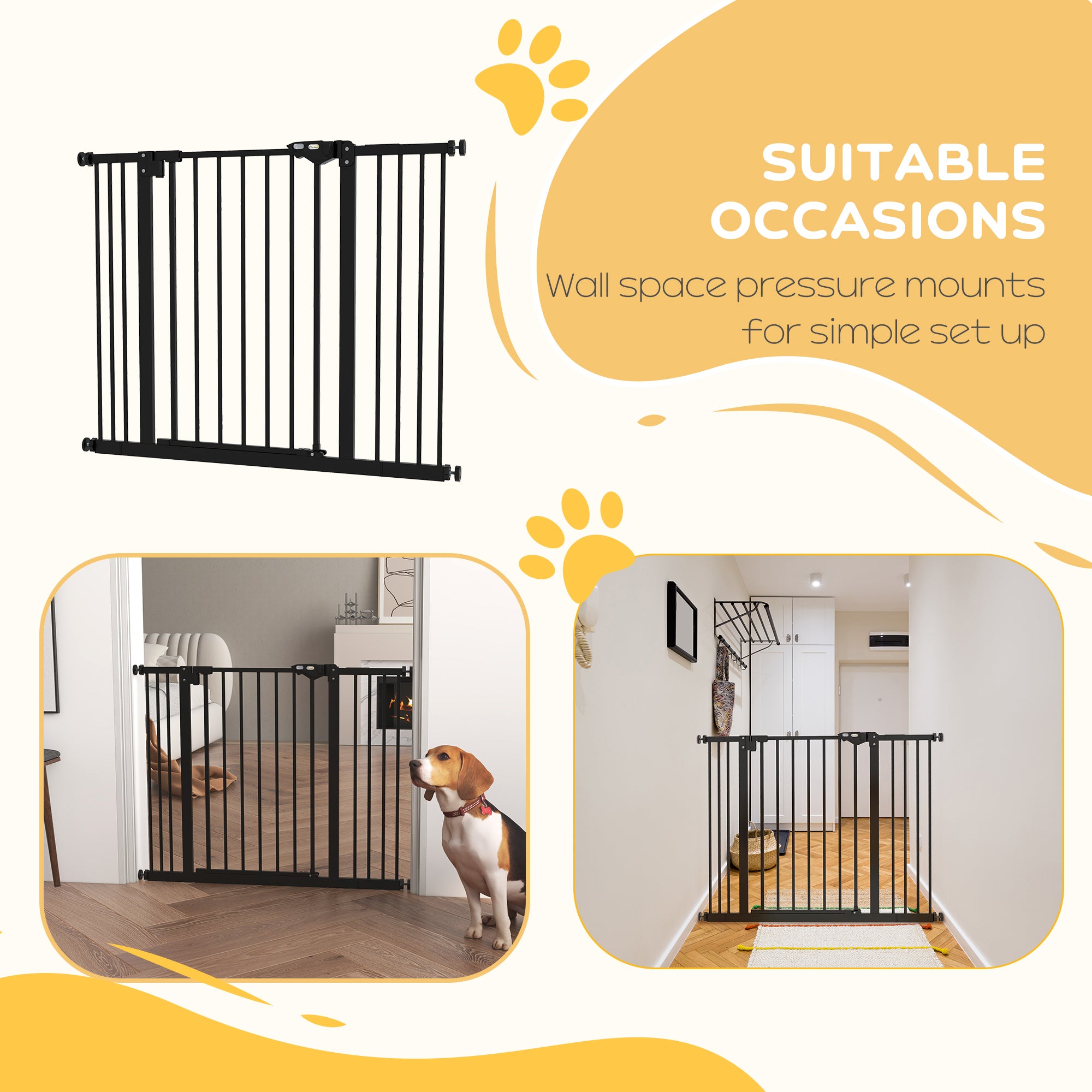 PawHut Dog Gate Stair Gate Pressure Fit Pets Barrier Auto Close for Doorway Hallway, 74-100cm Wide Adjustable, Black