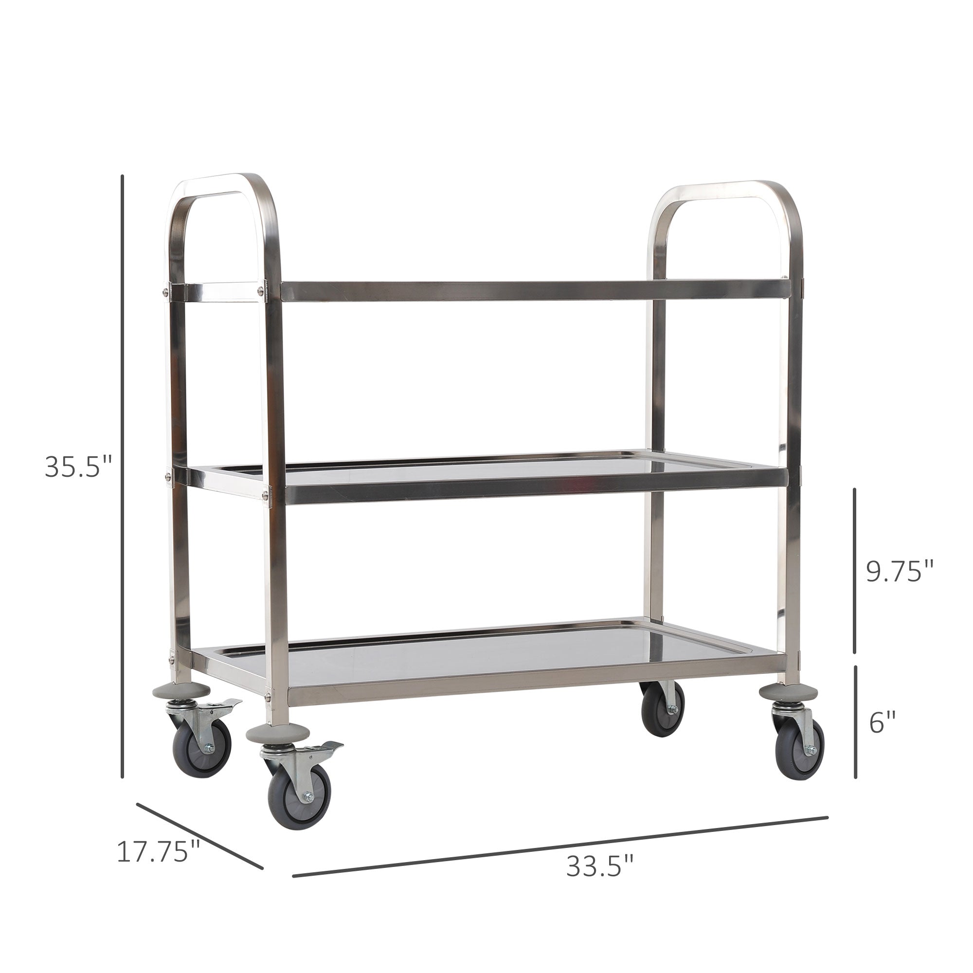 HOMCOM 33" 3-Tier Kitchen Trolley Medical Treatment Laboratory Equipment Carts, Stainless Steel Rolling Kitchen Island, Wheeled Storage Utility Serving Cart, 330LBS Heavy Gauge