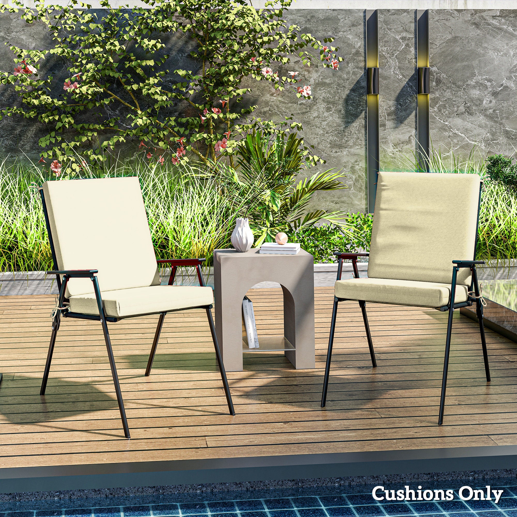 Outsunny Outdoor Chair Cushions Set of 2 for Dining Chairs, Water-Repellent and Fade-Resistant Yarn-Dyed Polyester, Outdoor Seat Cushions with Back Cushions and Ties, Beige