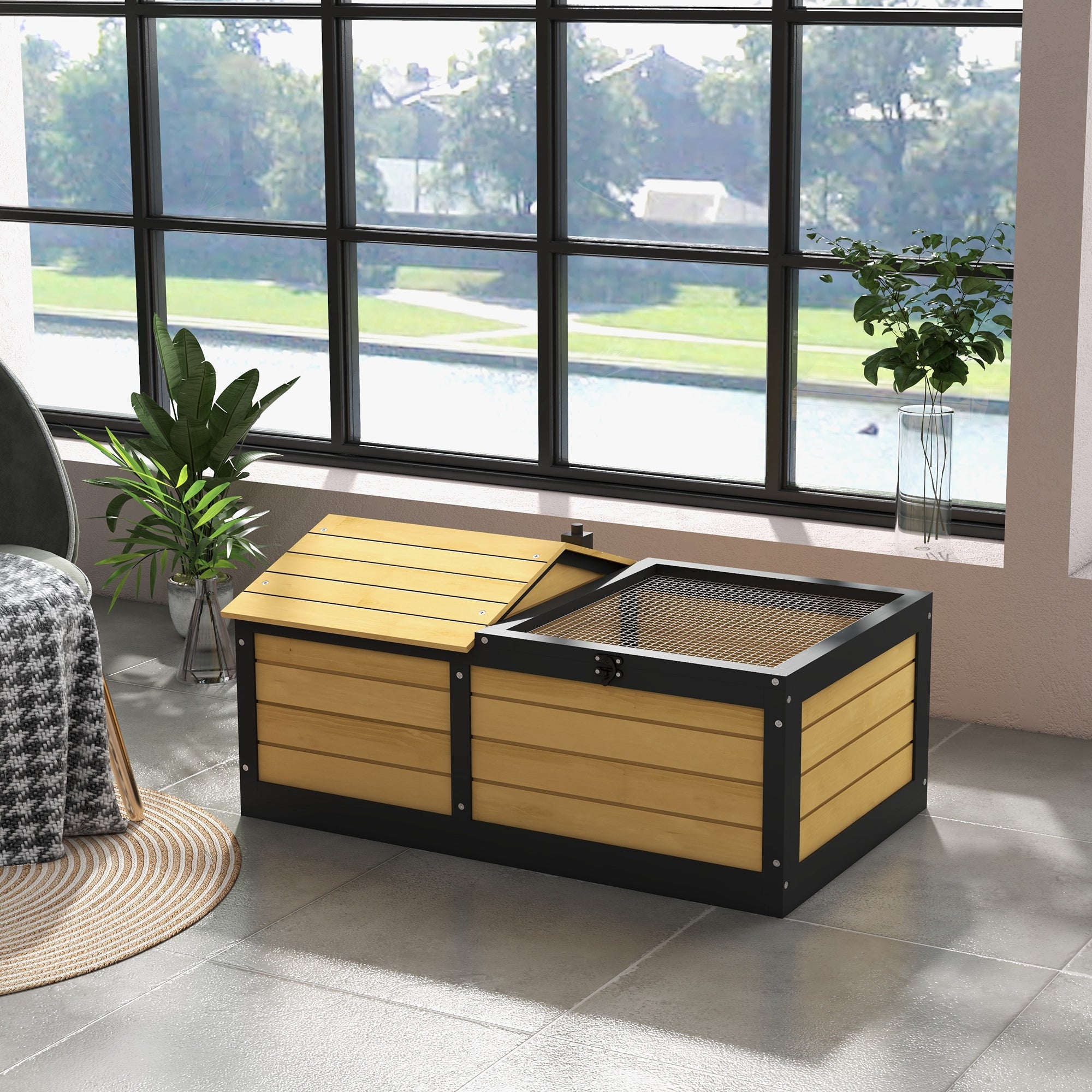 PawHut Wooden Tortoise House Tortoise Table with Hide Shelter Run, Openable Top, Tray, Yellow